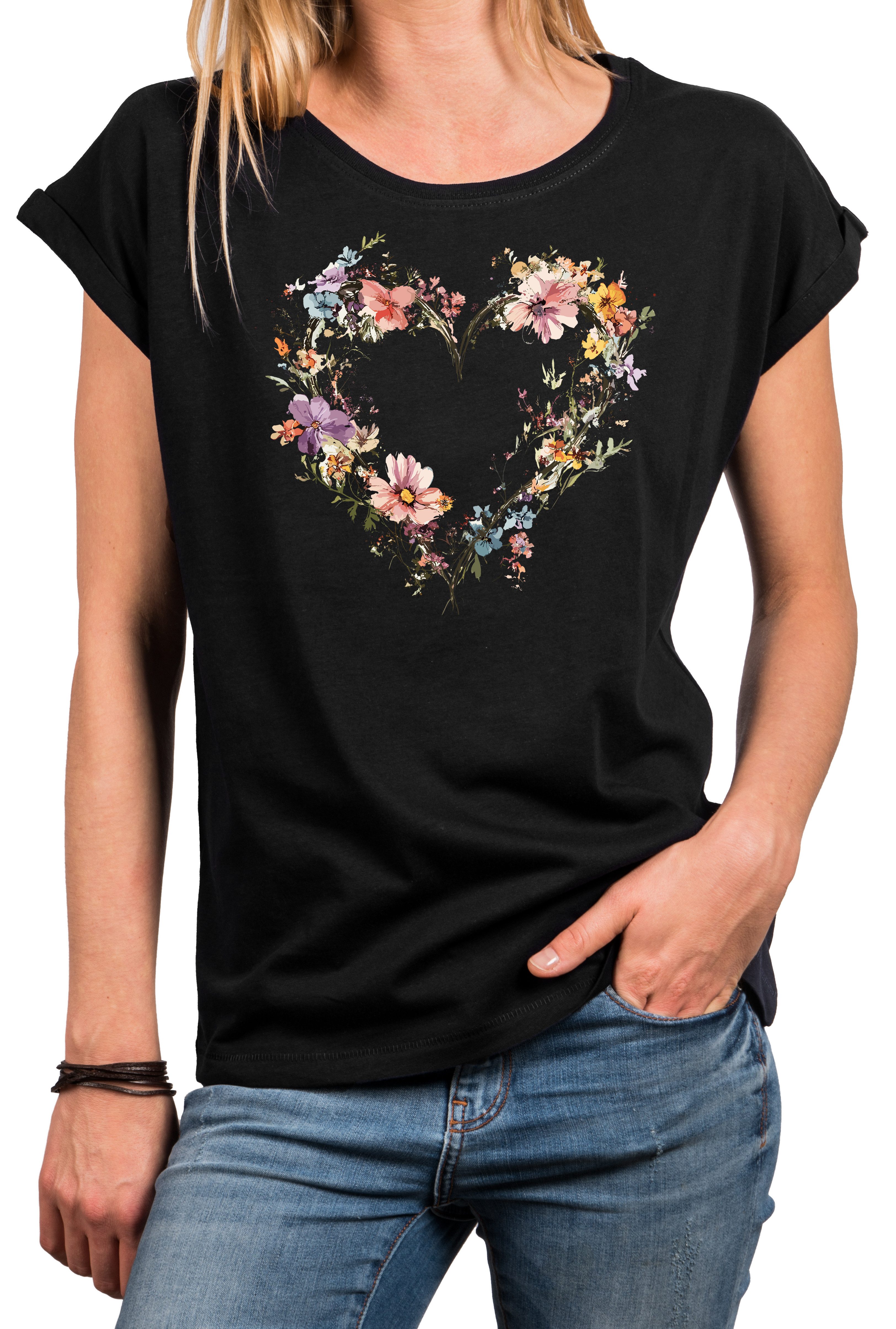 MAKAYA T-Shirt Blumenshirt für Damen – Herz-Motiv & Flower Design (Weiß, Ro günstig online kaufen