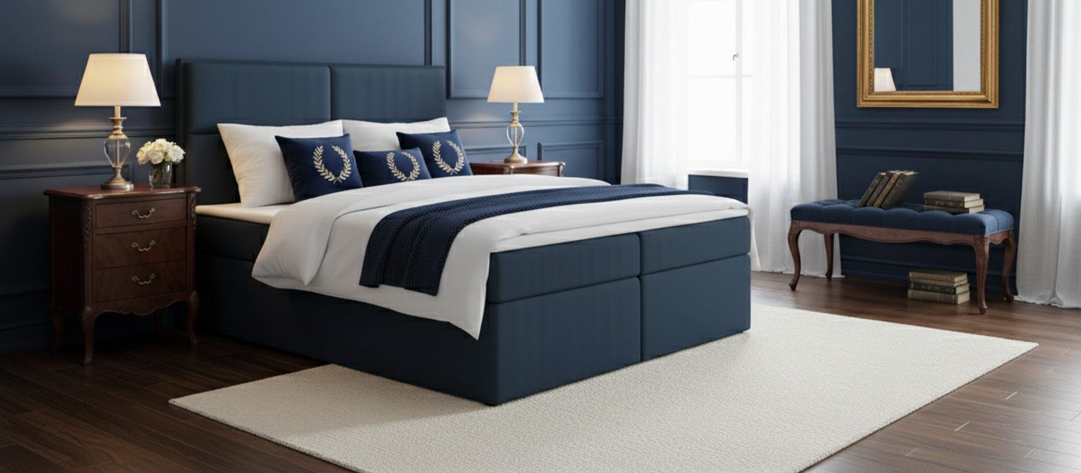 KS Home Concept Boxspringbett mit Bettkasten 120x200 cm, Bonellfederkern Matratze, Marineblau (Bett + Topper 4cm)