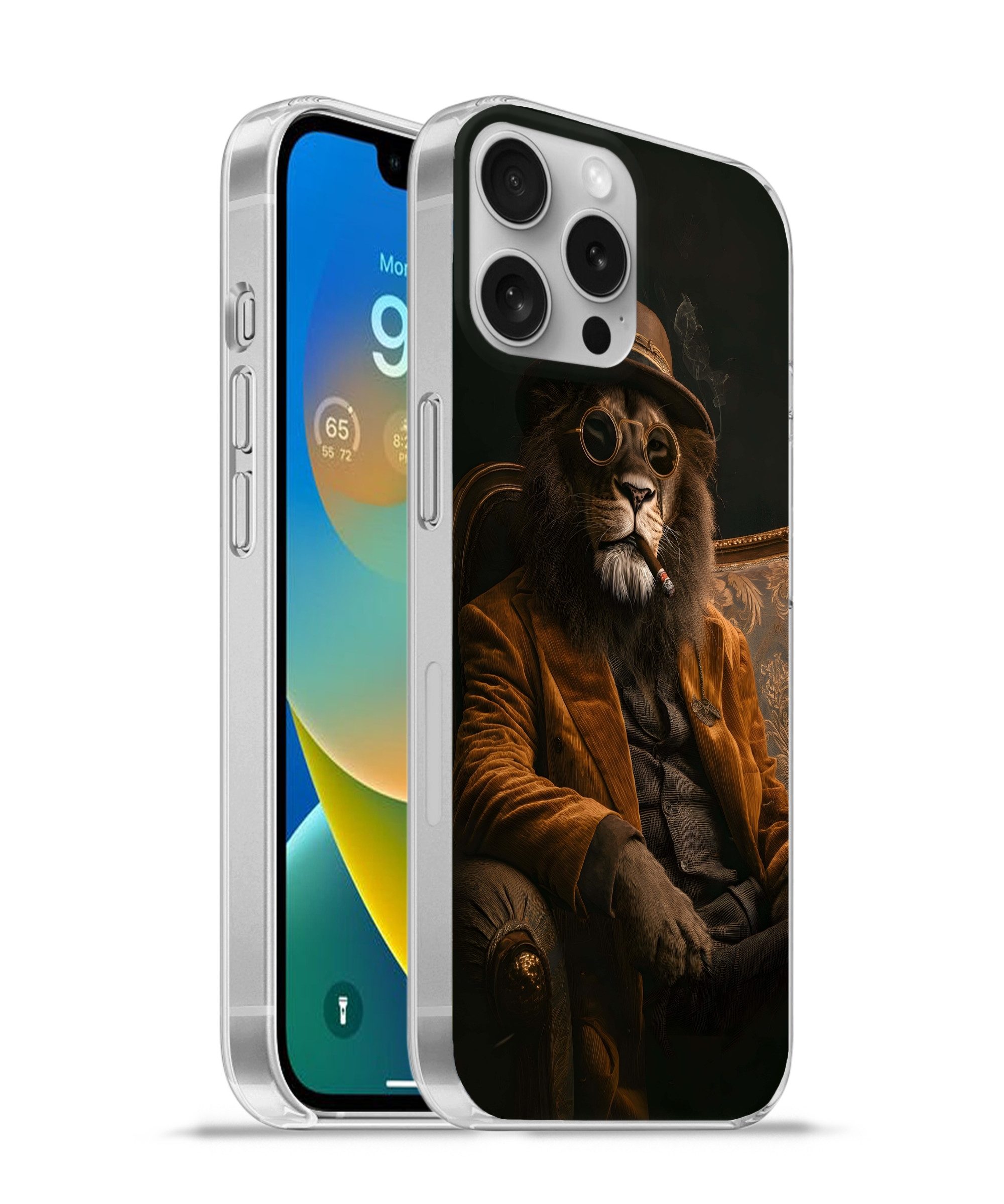 MuchoWow Handyhülle für Apple iPhone 16 Pro Max Brille - Löwe - Bank - Hut, Smartphone-Bumper, Print, Handy Schutzhülle Dünn