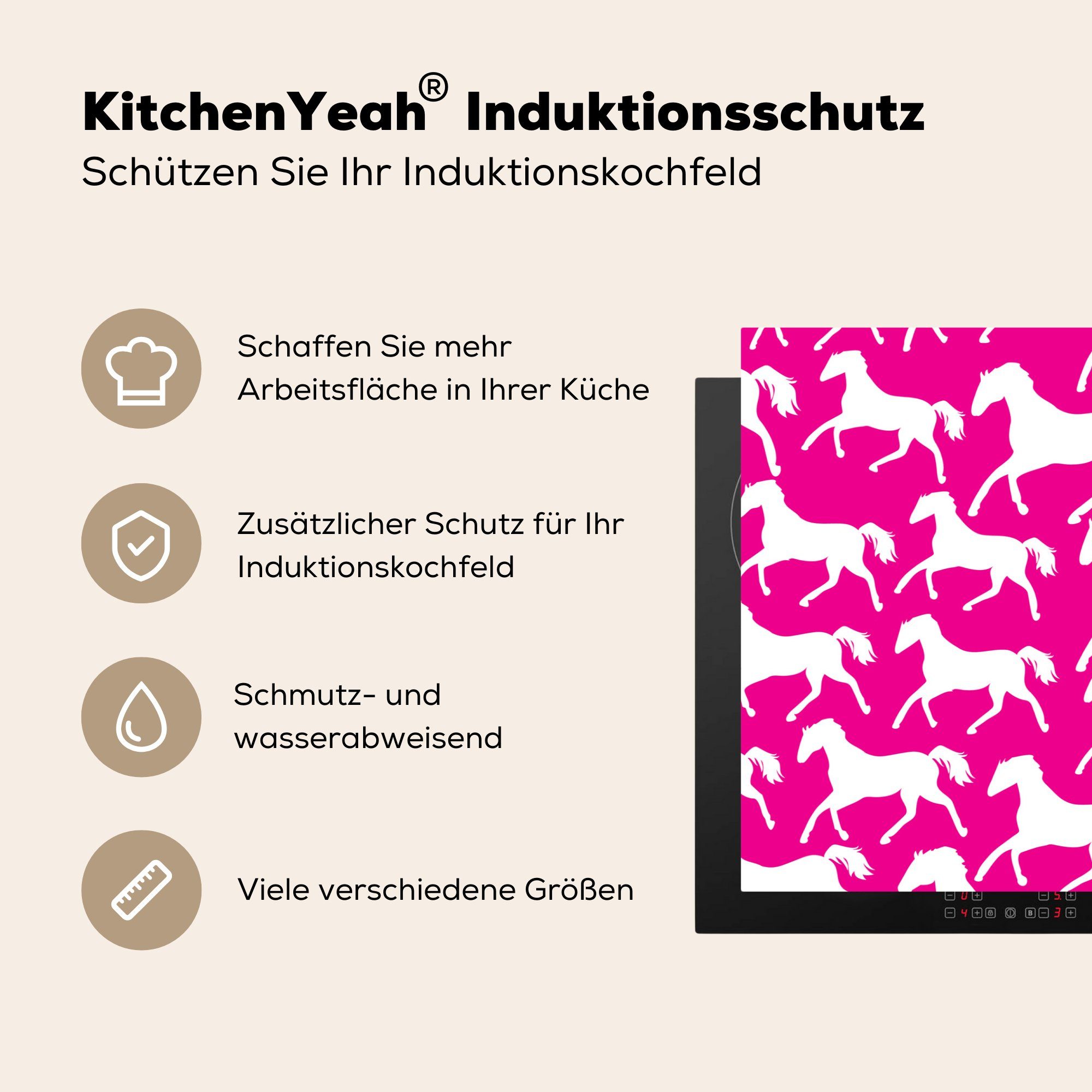 MuchoWow - Mädchen, Kinder Weiß küche, Vinyl, - (1 Schutz Induktionskochfeld für - Tiere cm, Ceranfeldabdeckung tlg), - Pferde - Mädchen Herdblende-/Abdeckplatte 81x52 die