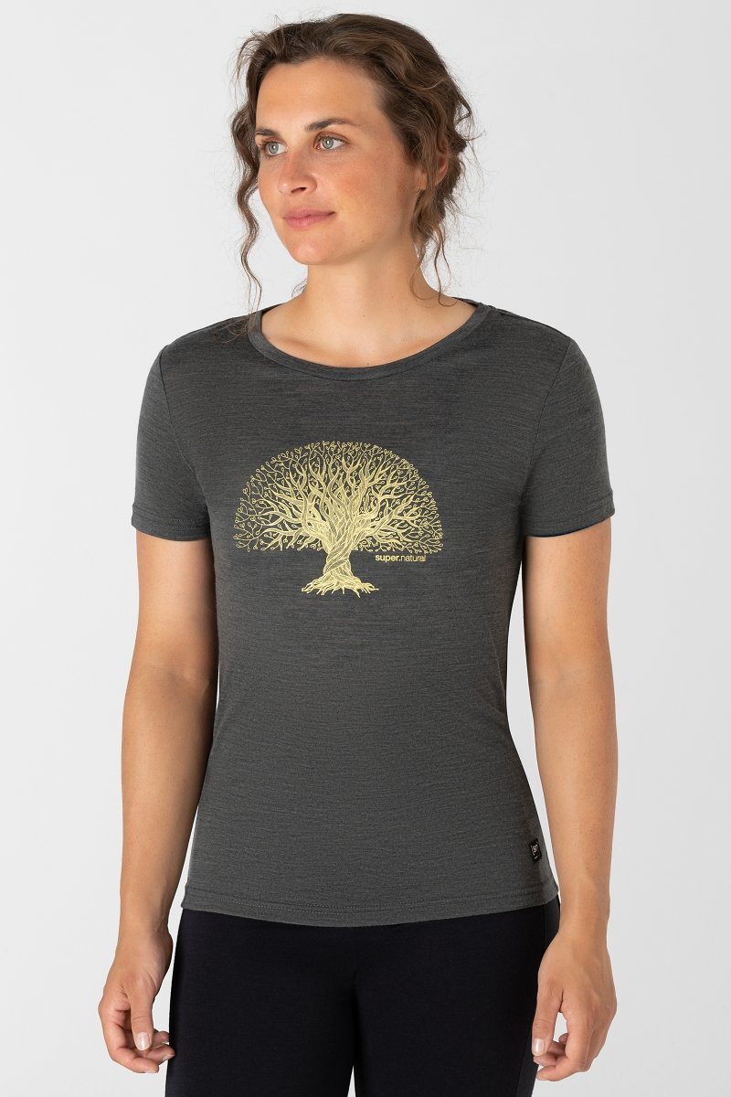 SUPER.NATURAL Print-Shirt Merino T-Shirt W TREE OF KNOWLEDGE TEE geruchshemmender Merino-Materialmix Pirate Grey Melange/Gold