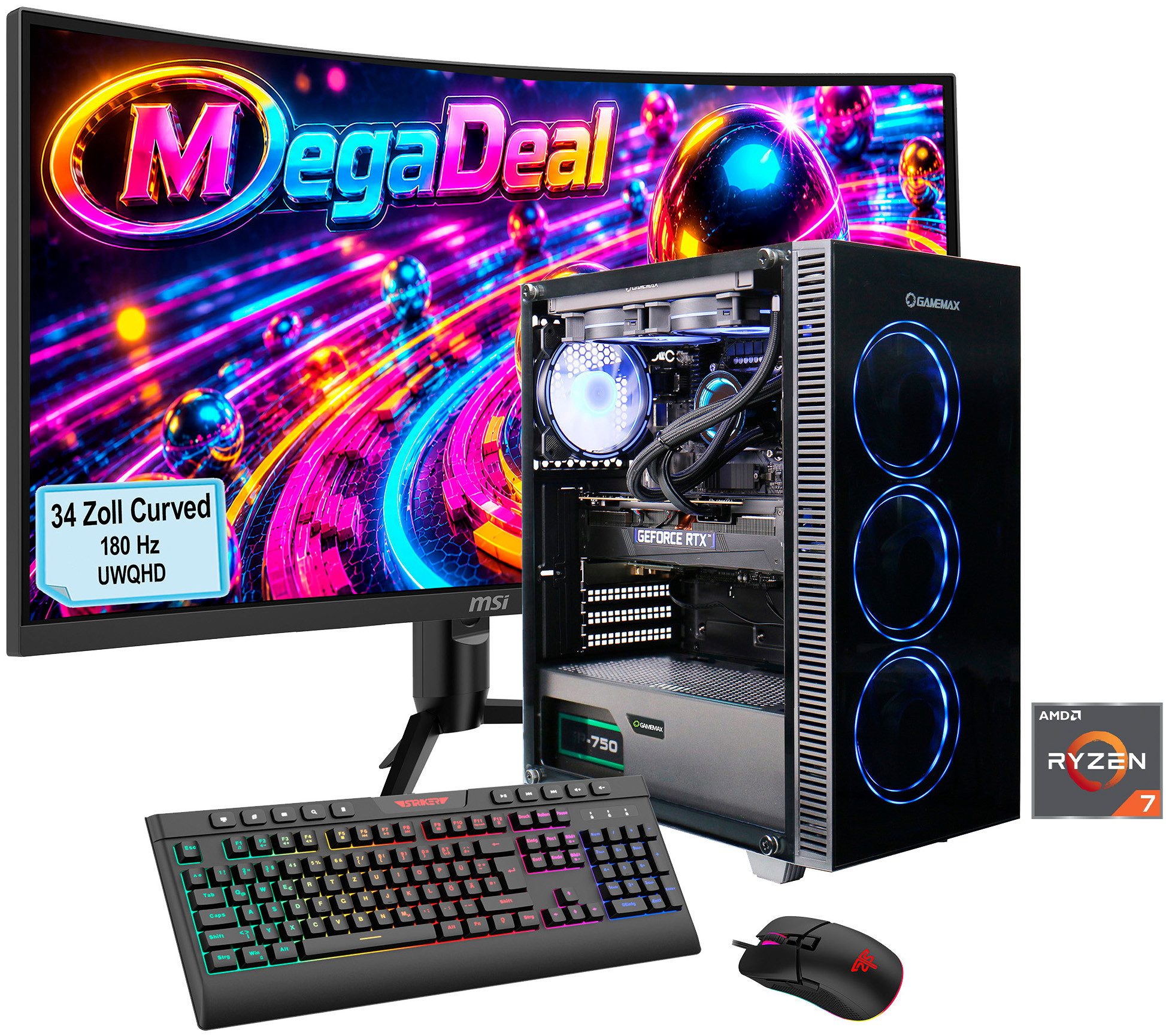 GAMEMAX MegaDeal Draco XD 2841 AMD Ryzen 7 9700X 32GB DDR5 1TB SSD RTX 5070Ti Gaming-PC-Komplettsystem (34", AMD Ryzen 7 9700X, RTX 5070 Ti, 32 GB RAM, 1000 GB SSD, Windows 11, DDR5 RAM + MSI MAG 342CQR E2 Curved Monitor 86cm (34)