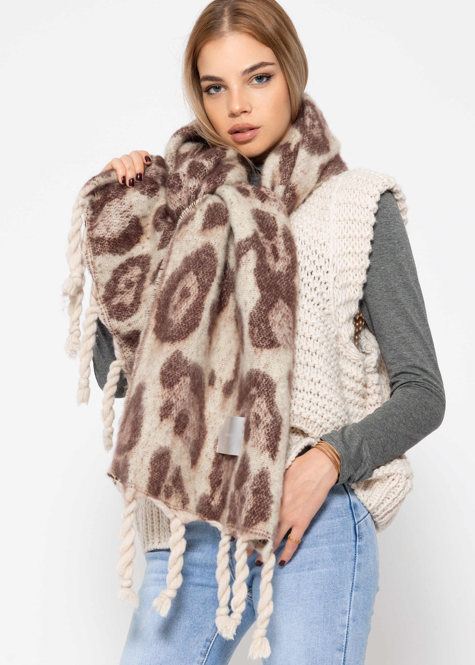 SASSYCLASSY Schal Schal Damen mit Leo-Print elegant, Warmer langer Schal im Leoprint Grau Offwhite Burgundy Braun Camel
