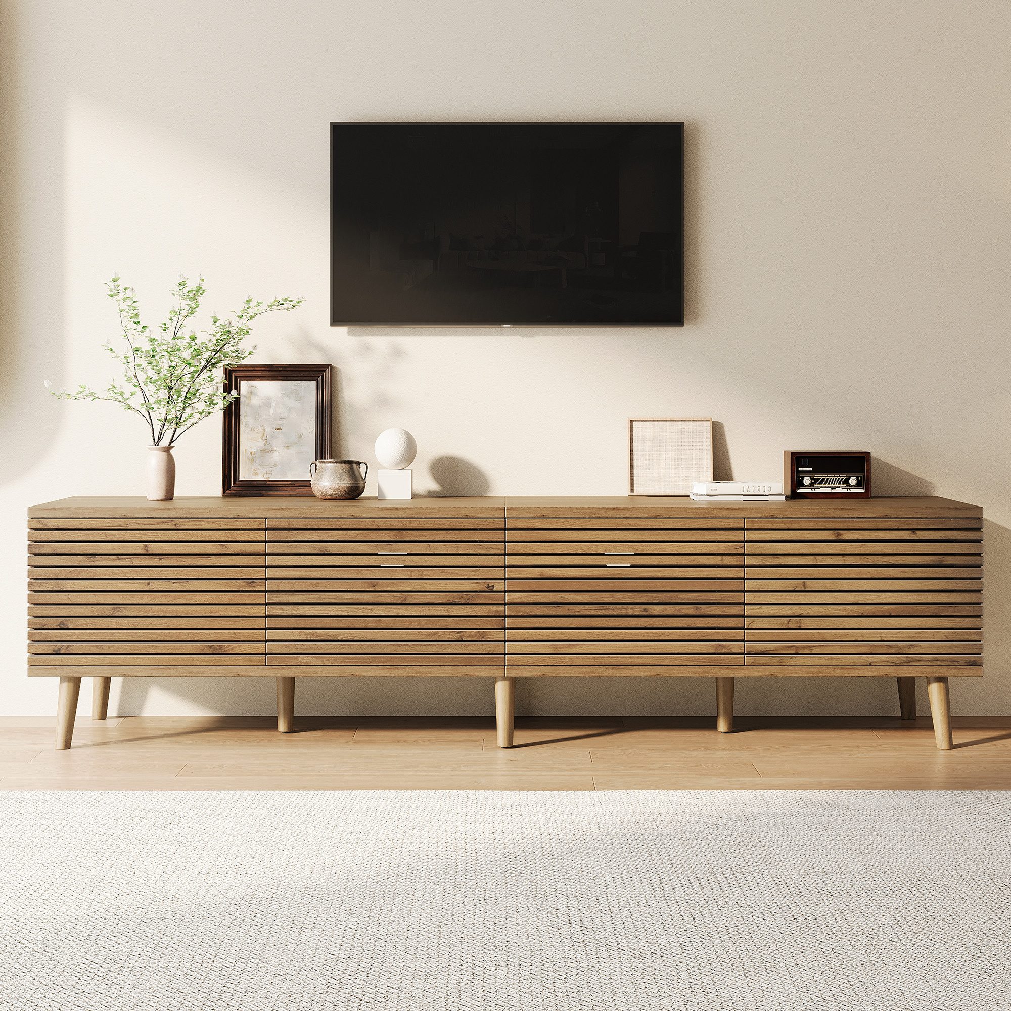Merax Lowboard mit 4 Türen im Zaun-Design, 6 Staufächern & Stauraum (Fernsehtisch aus MDF und Spanplatte in Holzoptik, 1 St), TV-Schrank mit Kabeldurchführung & Soft-Close Funktion, 180x40x46cm