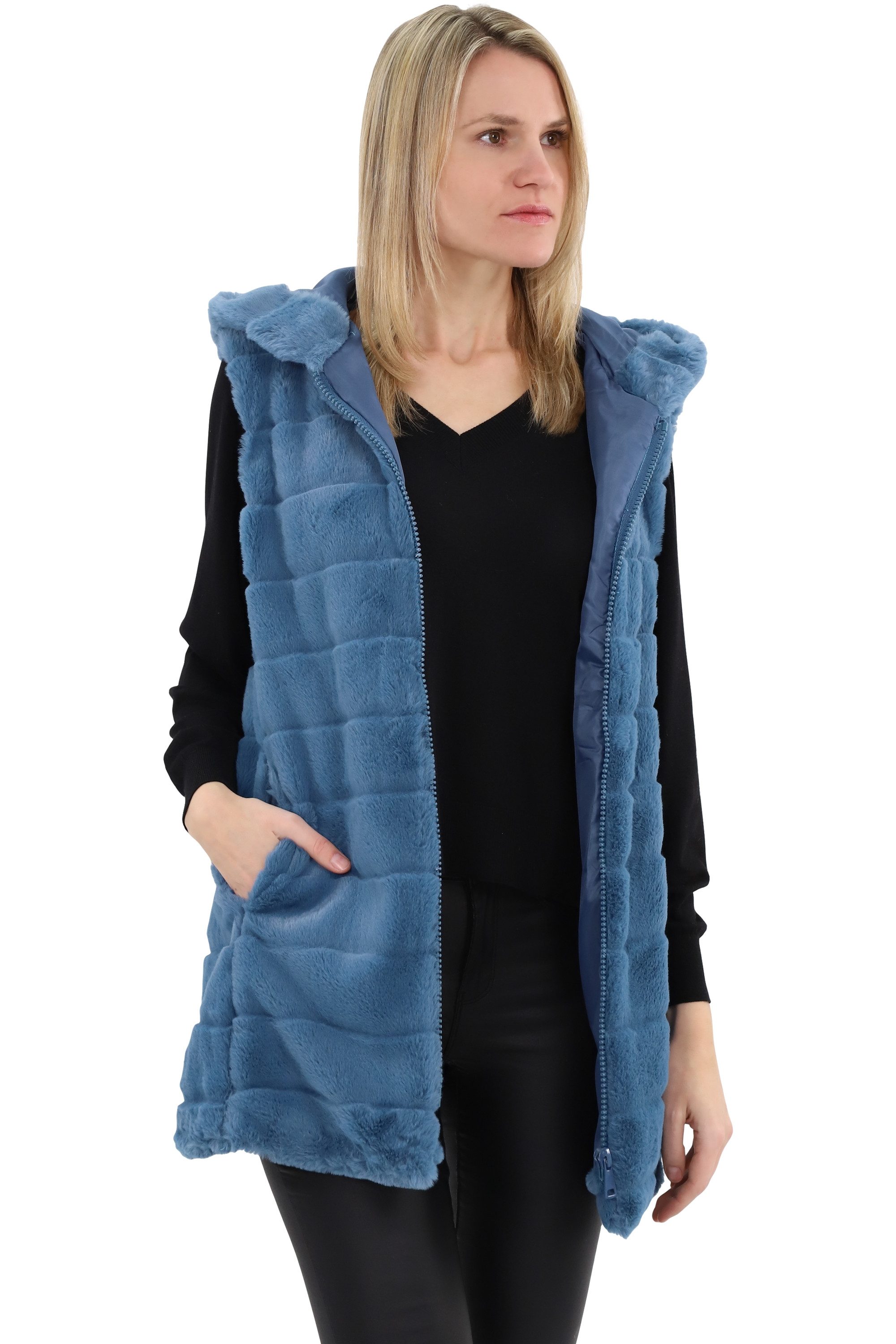 malito more than fashion Longweste malito Damen Longweste mit Kapuze, gerippte Weste aus Kunstpelz, mit Kapuze – Bild 5 von 5