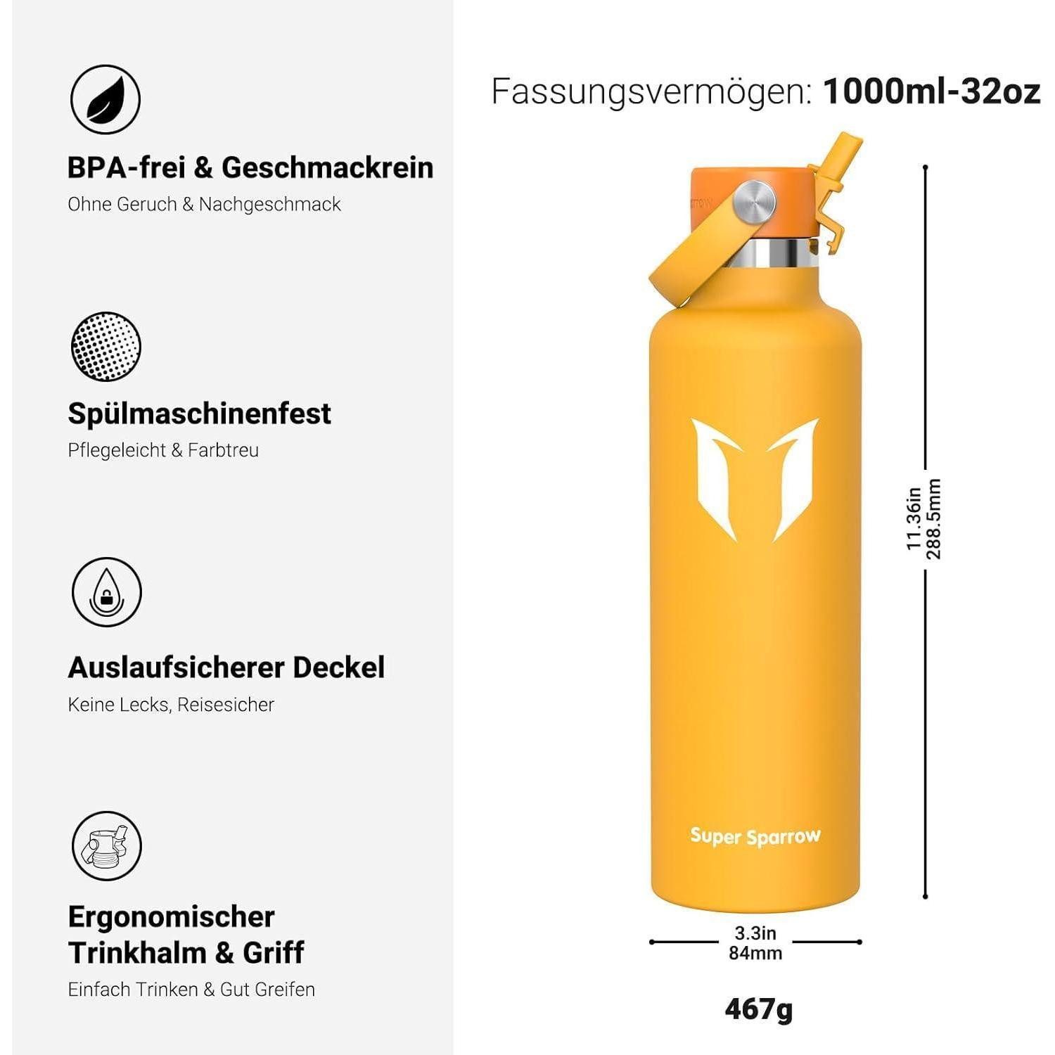 LuxusKollektion Thermoflasche Trinkflasche Edelstahl Thermobecher Strohhalm BPAfrei 1000 ml C Mango