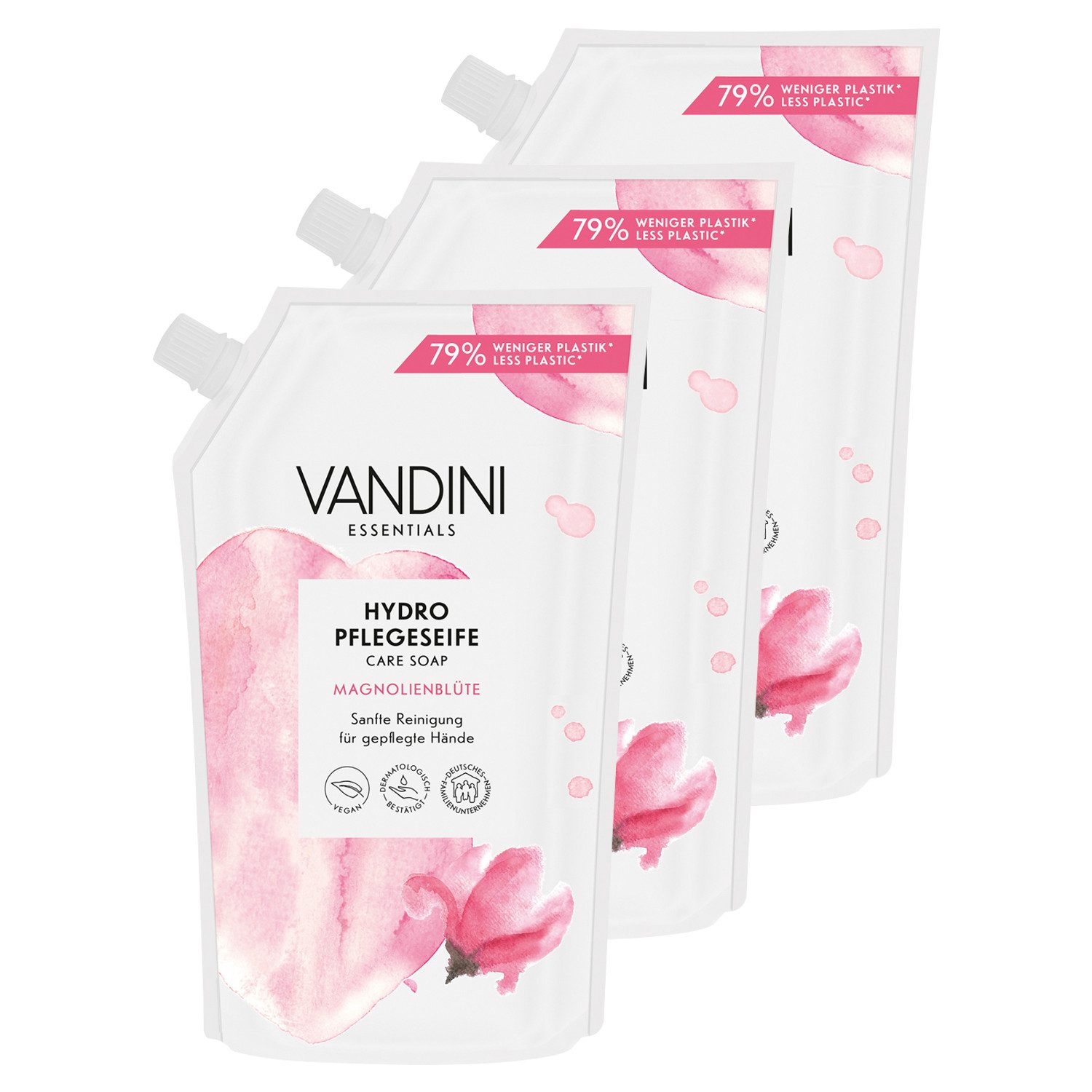 VANDINI Flüssigseife Hydro Seife Nachfüllbeutel mit Magnolienblüte Duft, vegan, 1500ml, 3-tlg.