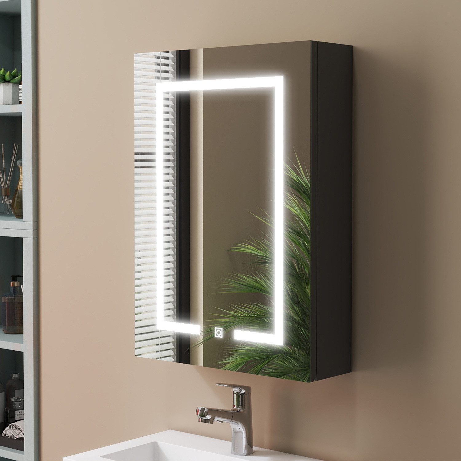 duschspa Spiegelschrank LED Badschrank mit Steckdose drei Lichtfarbe dimmbar Beschlagfrei Touch/Wandschalter, Weiß Matt/Schwarz Hochglanz, 40-100cm