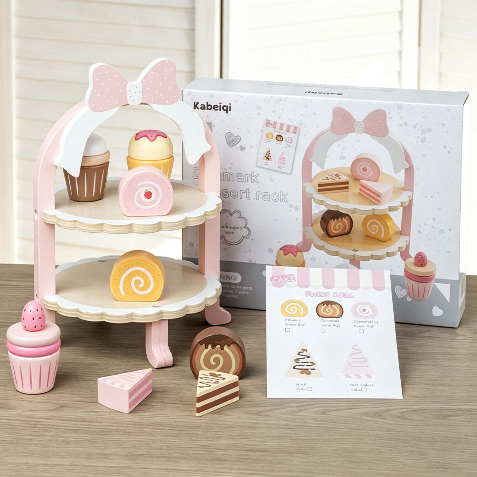 Esun Spielküche Kinderküche Spielküche Zubehör Holz, Teeservice Kinder Teeset aus Holz, Kinderspielzeug Tee Set mit Ständer, Teeparty ab 3