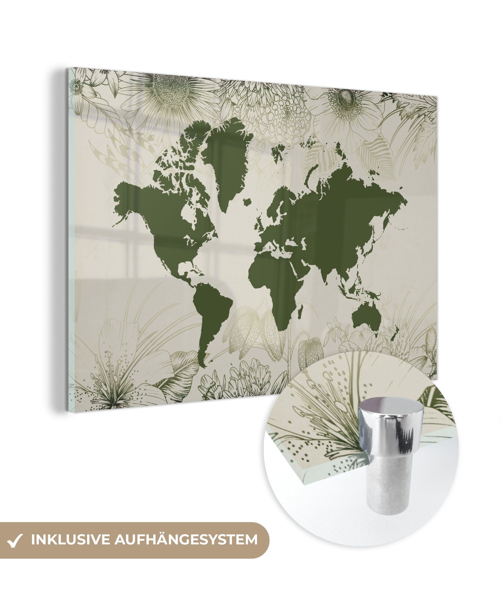 MuchoWow Acrylglasbild Weltkarte - Blumen - Grün, (1 St), Glasbilder - Bilder auf Glas Wandbild - Foto auf Glas - Wanddekoration