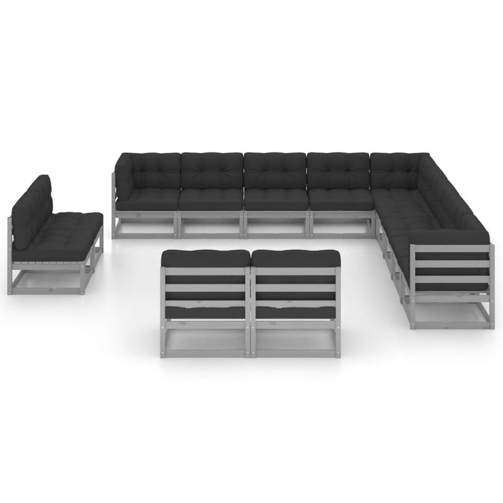 vidaXL (1-tlg) Kiefer, Grau Kissen Massivholz 13-tlg. mit Gartenlounge-Set Garten-Lounge-Set