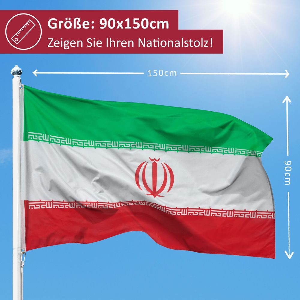PHENO FLAGS Flagge Iran Flagge 90 x 150 cm Staatsflagge Fahne (Hissflagge für Fahnenmast), Inkl. 2 Messing Ösen