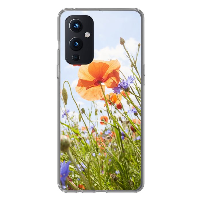 MuchoWow Handyhülle Blumen - Mohn - Frühling - Natur - Rot - Blau Phone Case Handyhülle OnePlus 9 Silikon Schutzhülle
