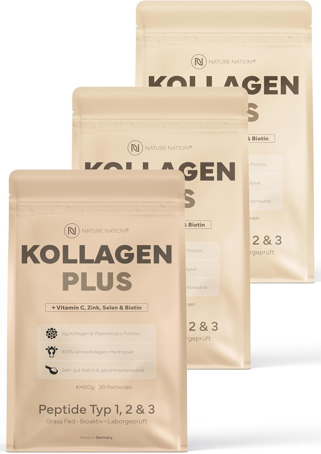 NATURE NATION Kollagen Pulver pur: 100% Collagen Hydrolysat, Peptide Typ 1, 2 & 3 Pulver, 1 er 1350 g, Mit Peptide Typ 1, 2, 3