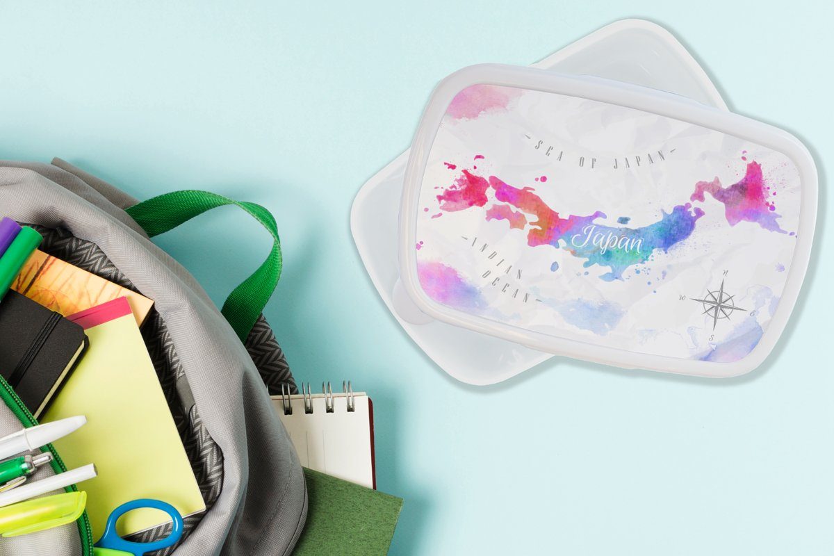Brotdose, MuchoWow Lunchbox für weiß für Erwachsene, und Mädchen Kunststoff, Farben - Weltkarte Kinder - Japan, (2-tlg), Jungs und Brotbox