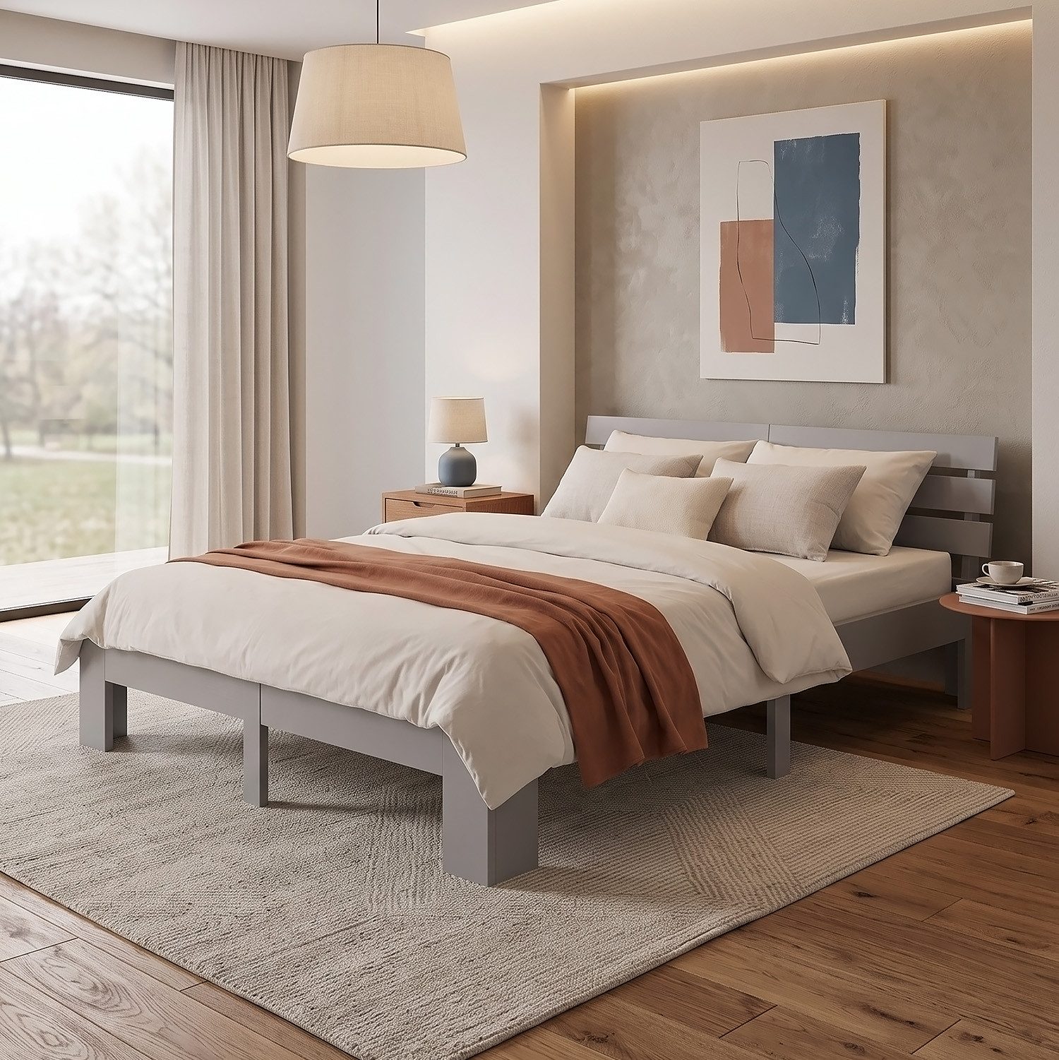 Homestyle4u Massivholzbett 90x200 120x200 140x200 160x200 180x200 Doppelbett Kopfteil Lattenrost (Set, mit Lattenrost, Grau), 140x200, modern, stabil