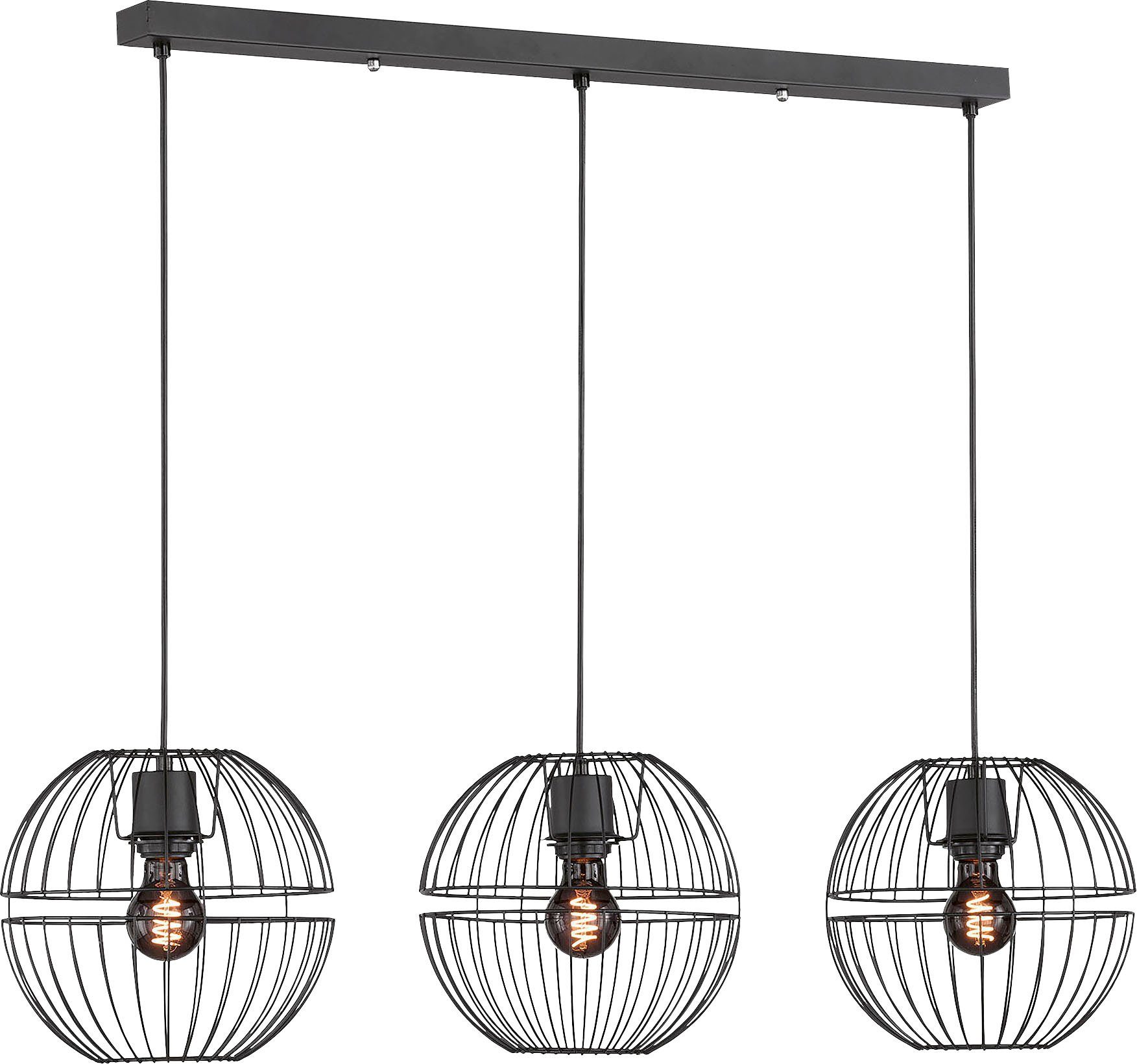 Fischer & Honsel Pendelleuchte 'Tape' – 3x E27, Rattanschirm, Schwarz, 140 Cm Höhe