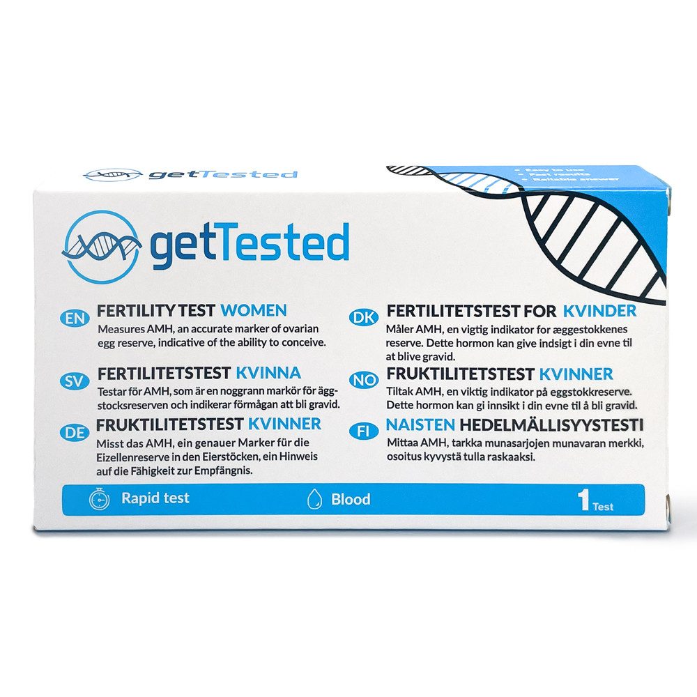 GetTested International AB Fertilitätsset Fruchtbarkeitstest Frau – AMH-Blutschnelltest, 1 Messparameter, Testkit, 1-tlg., Fruchtbarkeitstest Frau – AMH-Blutschnelltest, Heimtest, Selbsttest