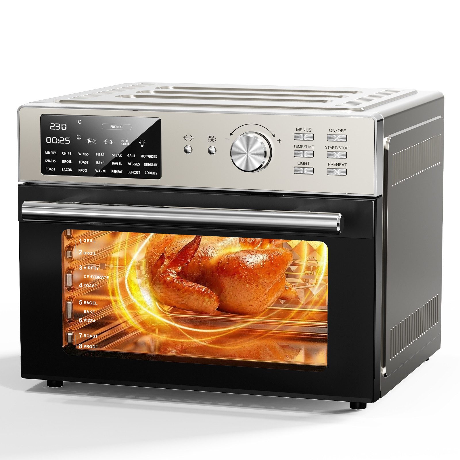 Azmsary Minibackofen Heißluftfritteuse 30L Edelstahl, Multifunktionsofen, Airfryer 1800 W, XXL Dual Cook mit umluft, 7 Zubehör, 21 in 1 mit Timer