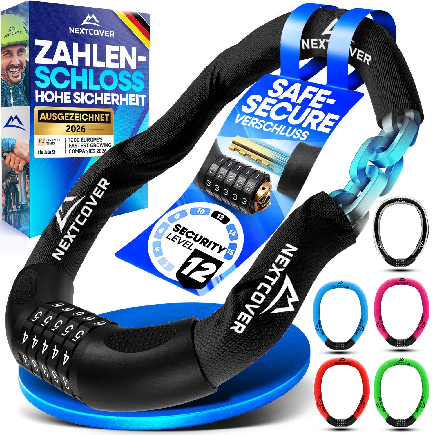 Nextcover Kettenschloss Fahrradschloss mit Zahlencode - Sicherheitsverschluss