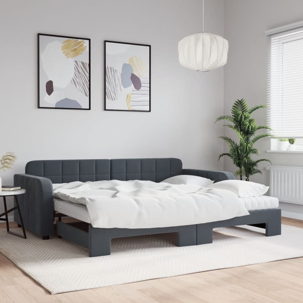 vidaXL Daybed, Tagesbett Ausziehbar mit Matratzen Dunkelgrau 90x190 cm Samt