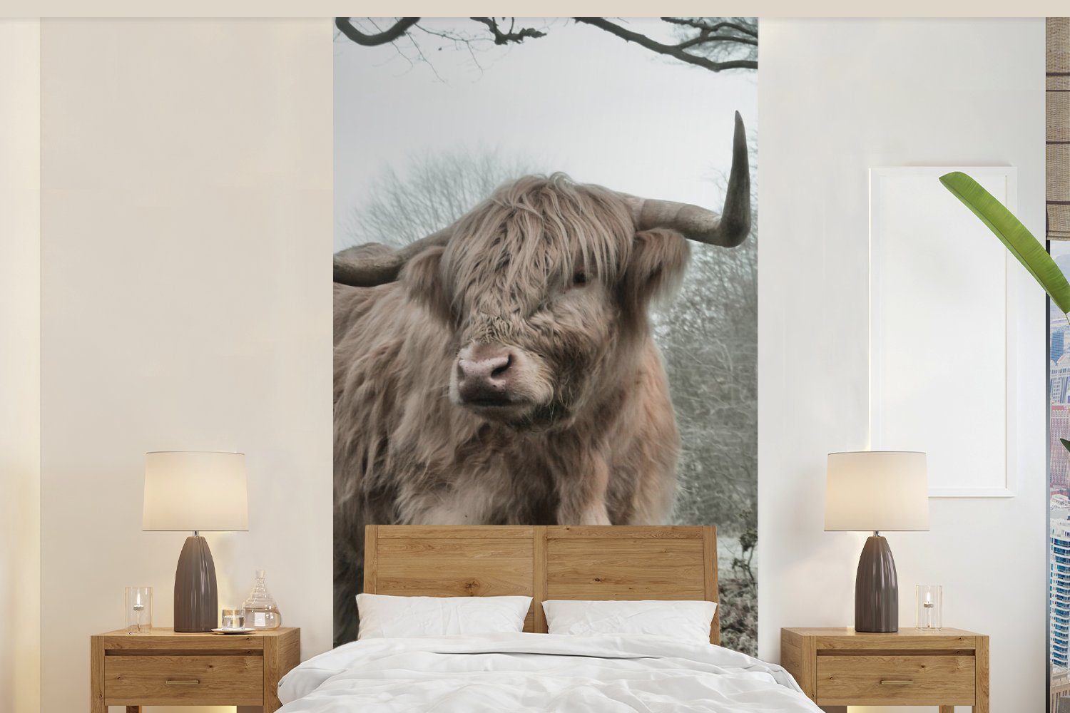 MuchoWow Fototapete Schottischer Highlander - Wald - Nebel - Kuh - Tiere - Natur, Matt, bedruckt, (2 St), Vliestapete für Wohnzimmer Schlafzimmer Küche, Fototapete