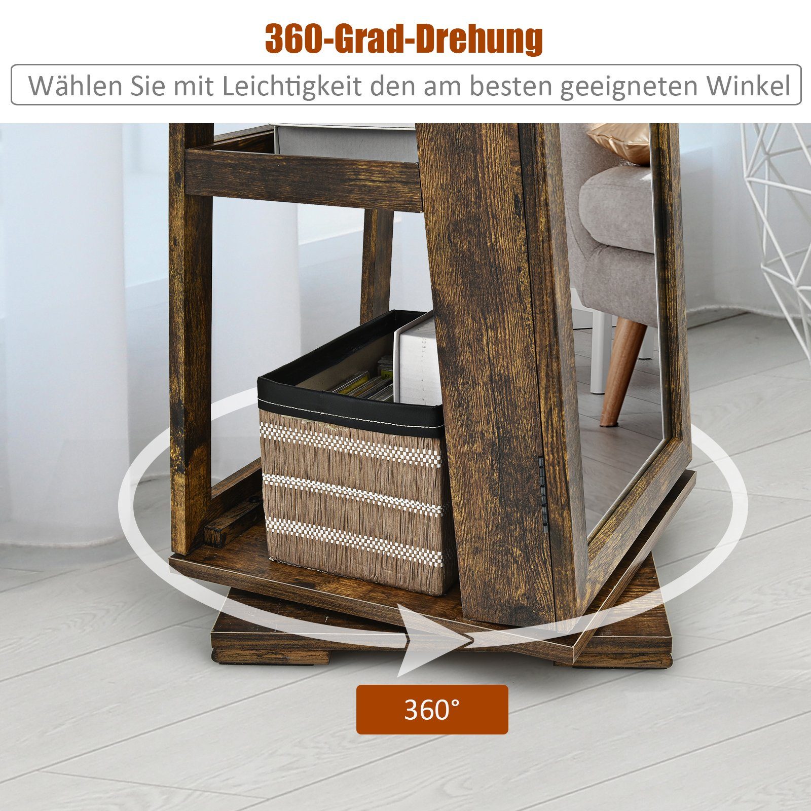 COSTWAY Schmuckschrank stehend, mit Spiegel & Regal, drehbar, abschließbar