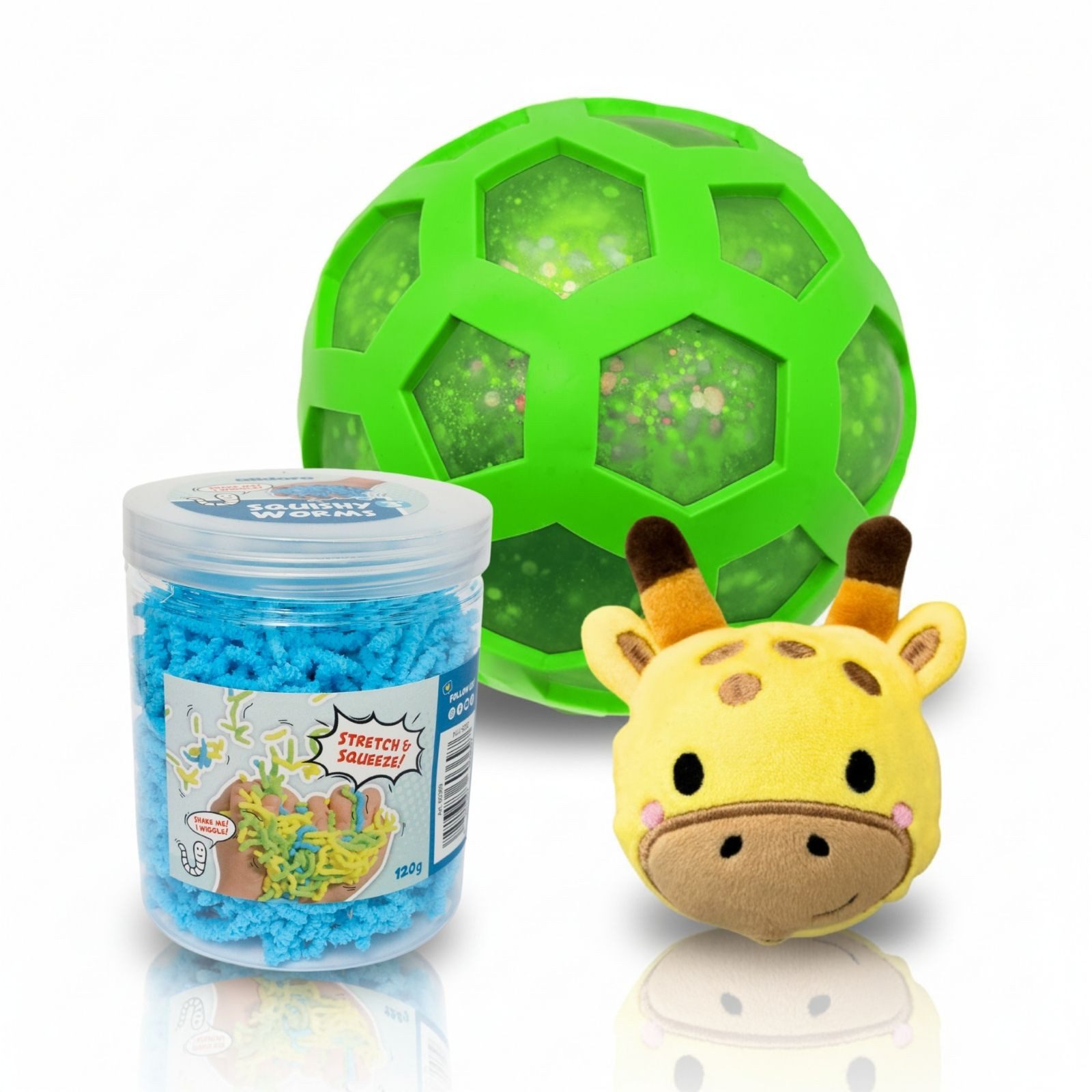 alldoro Fidget-Gadget 3-teiliges Squeeze & Fidget Anti Stress Spielzeug Set für Kinder ab 3, Squishy Ball, Knautschball Giraffe & Mini Sensorik Würmchen zum Kneten