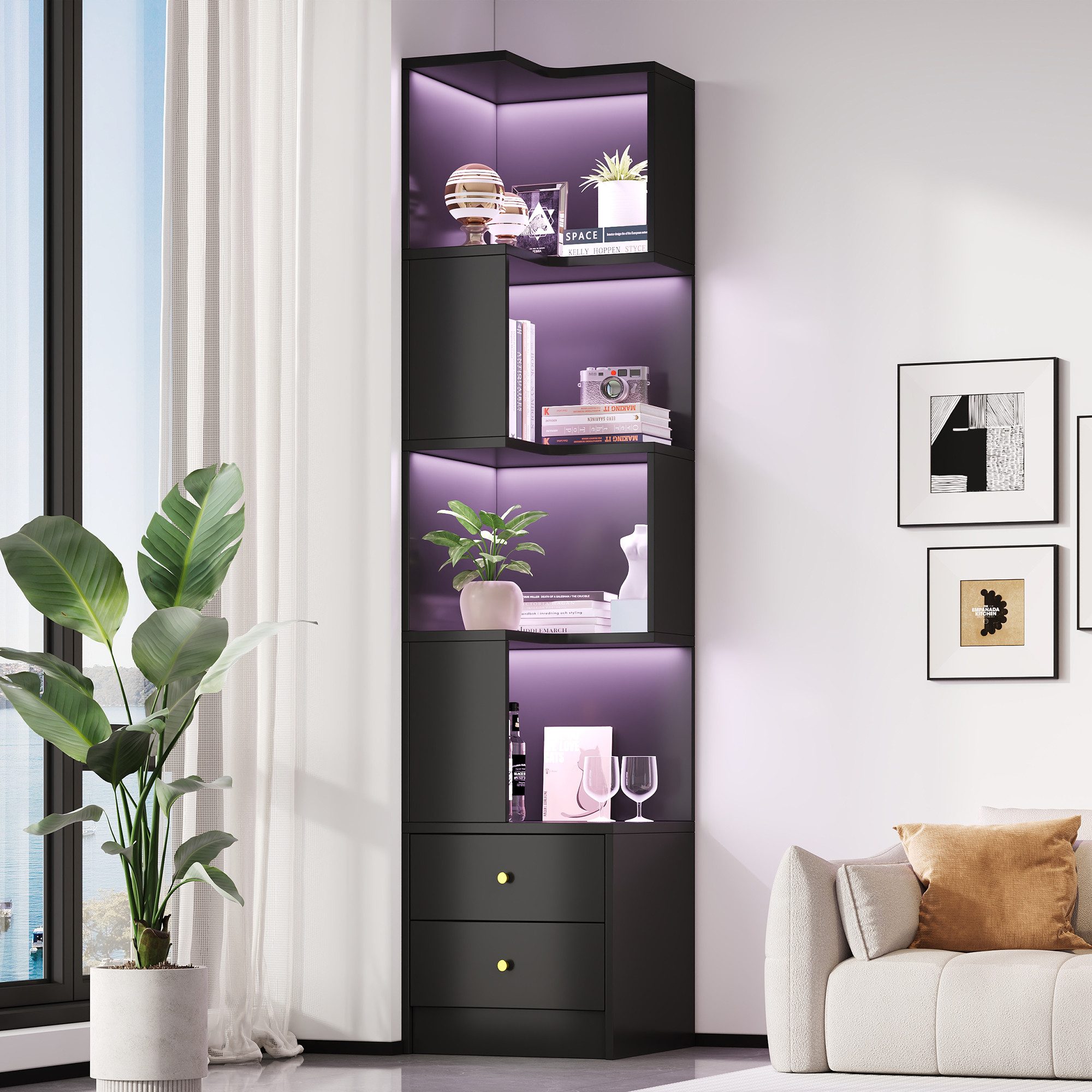 Flieks Bücherregal Standregal Eckregal mit LED-Beleuchtung und 6 Ebenen/5 Ebenen, B63,5/T45/H180 cm 1-tlg., Eckbücherregal mit 4 Fächer&2 Schubladen L-förmig Hochschrank Schwarz