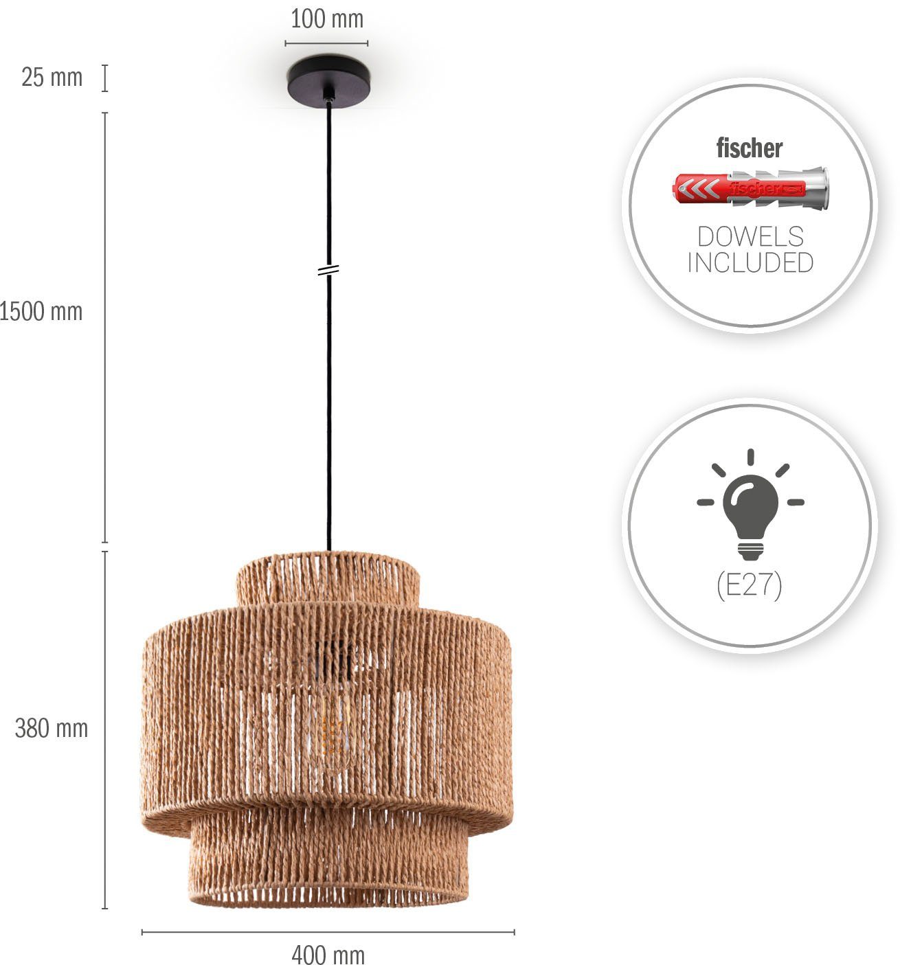 Paco Home Papier Boho Hugo Optik ohne Pendelleuchte Lupita, Lampenschirm Rattan Wohnzimmer Esszimmer Leuchtmittel