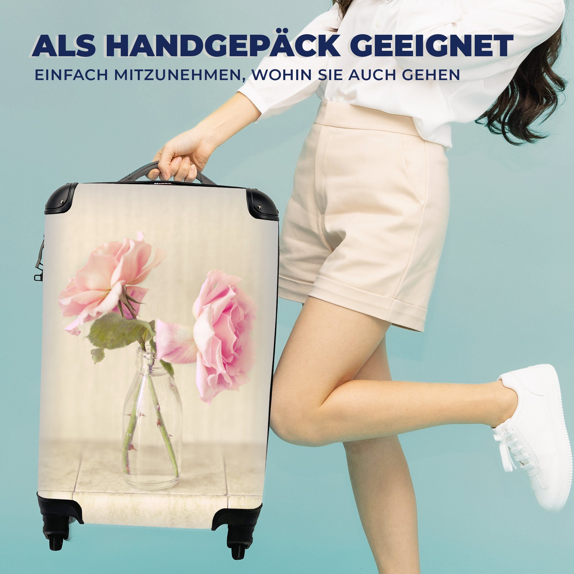 MuchoWow Handgepäckkoffer Ferien, Rosen mit in Handgepäck Glasflasche, einer für Dekoration Trolley, Zwei rosa als 4 Rollen, Reisekoffer rollen, Reisetasche