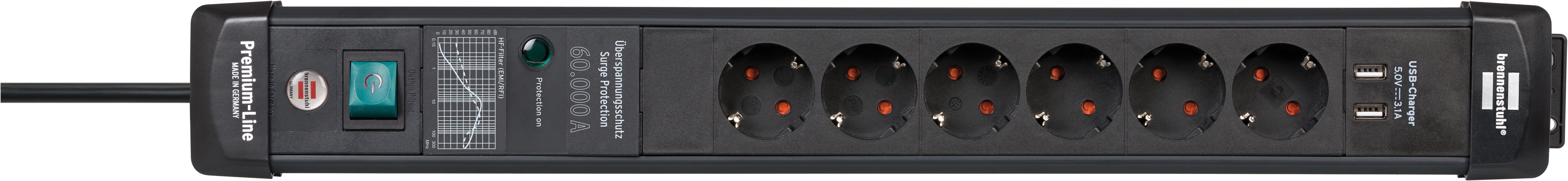 3 Steckdosenleiste und zu Überspannungsschutz Schalter Premium-Line mit bis USB (Kabellänge 60.000A, Brennenstuhl 3,1 m), 2-fach 6-fach A
