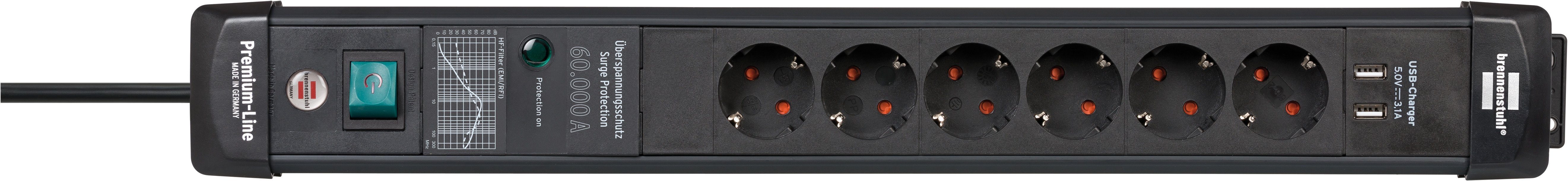 Brennenstuhl Premium-Line Steckdosenleiste 6-fach (Ein- / Ausschalter, USB-Anschlüsse, Überspannungsschutz, Kabellänge 3 m), mit Überspannungsschutz bis zu 60.000A, Schalter und 2-fach USB 3,1 A