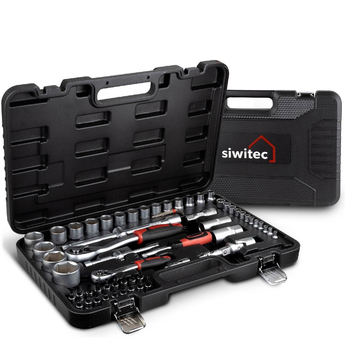 siwitec Bit- und Steckschlüsselset Steckschlüsselsatz 65-teilig, Ratschenkasten, 1/2", 1/4" Ratsche, Knar, Set, 65-St., Wahlweise mit 65 oder 171 Teilen erhältlich, mit 65 oder 171 Teilen, Chrom-Vanadium-Stahl, 72 Zahn-Ratschen