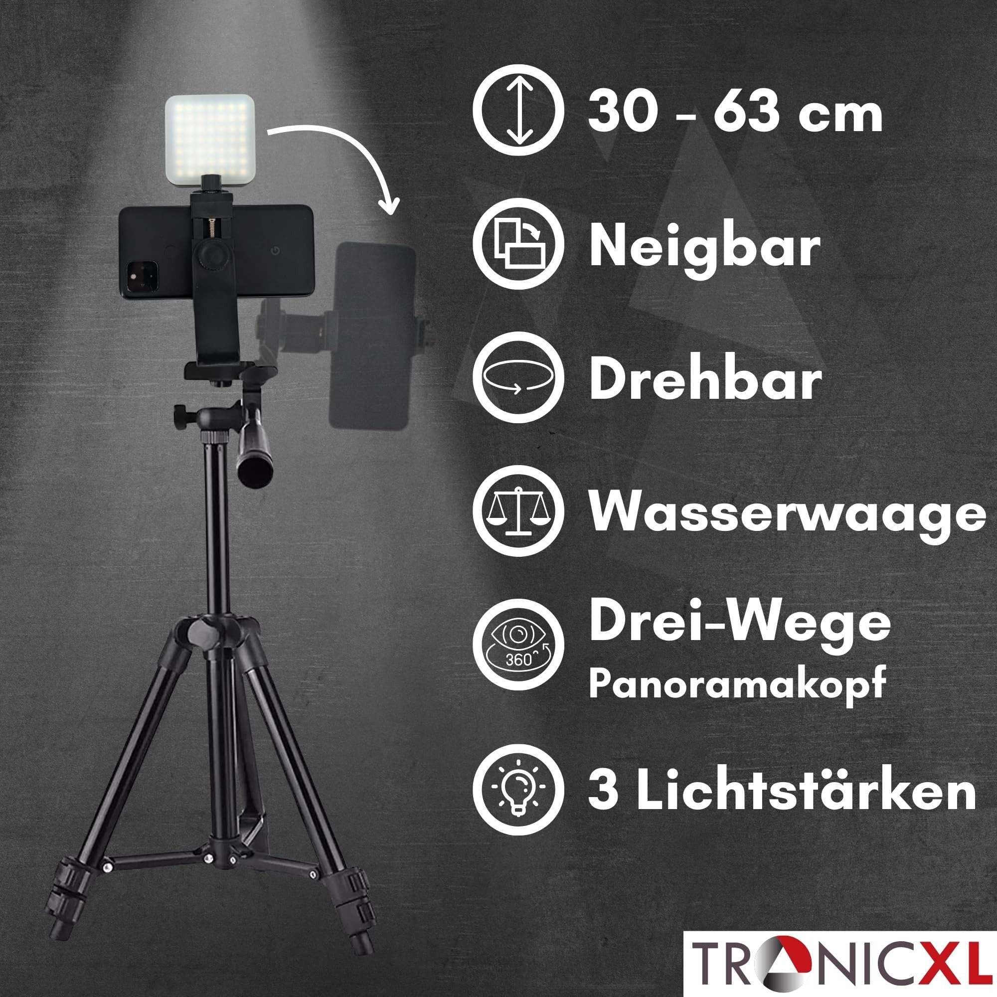 TronicXL 60cm Handy Stativ mit Licht drehbar Smartphone Halterung Ständer Tischstativ (Mit Beleuchtung, ausfahrbare Mittelsäule, einstellbare Höhe)