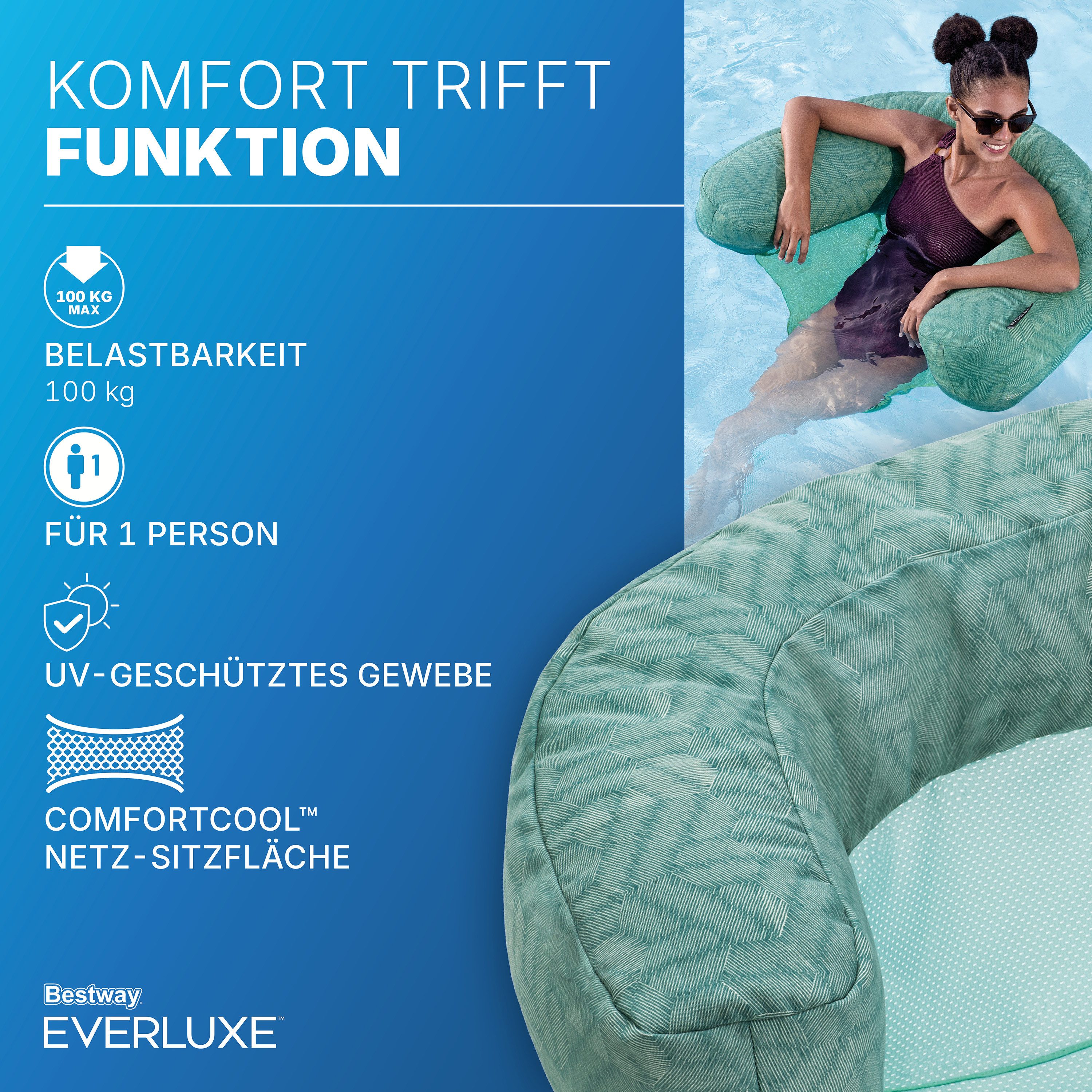 Bestway Schwimmring Everluxe™ (Packung, Textiloberfläche und EPS-Perlen-Füllung), 92 x 66 x 20 cm