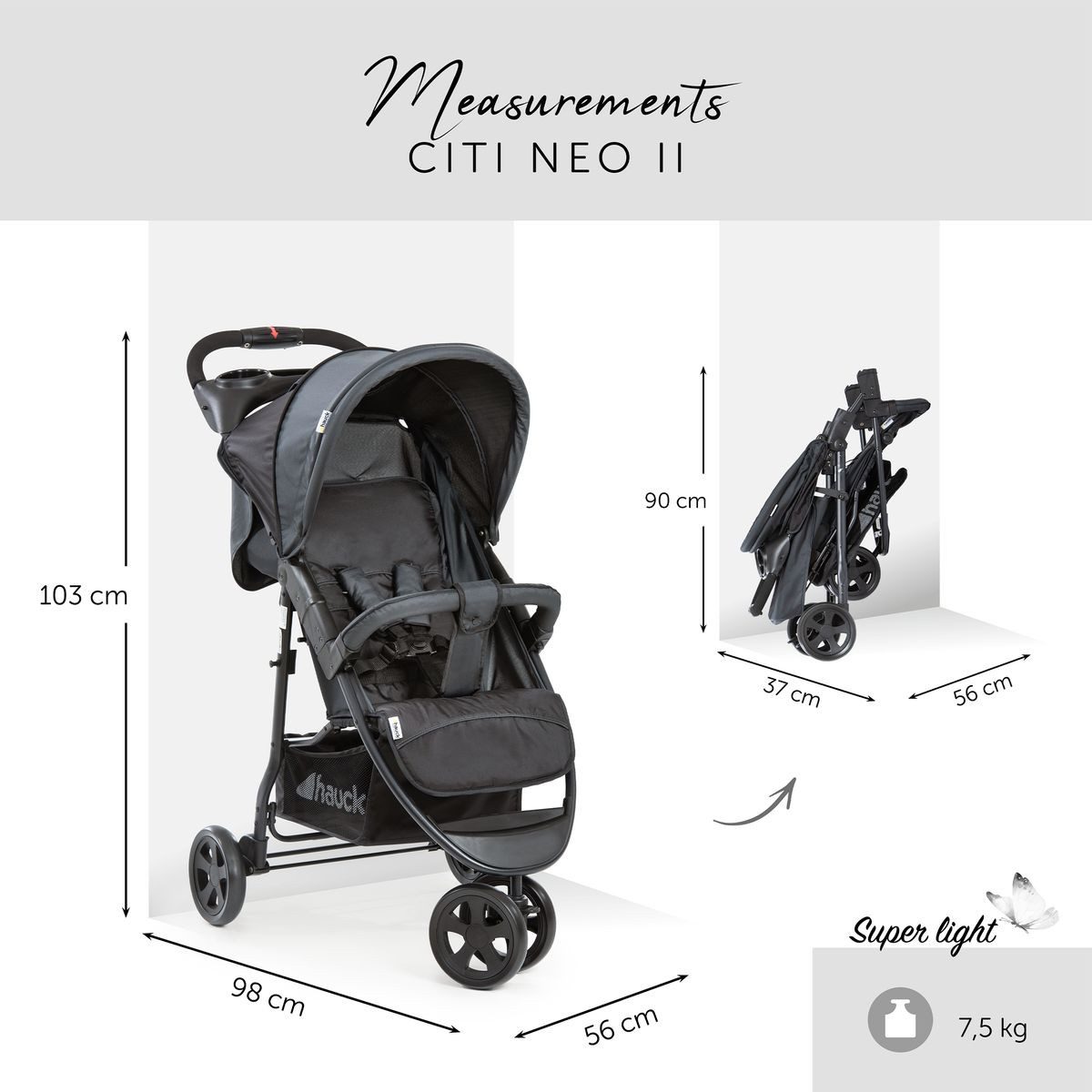 Hauck Sportbuggy Citi Neo II - Caviar Stone, Sportwagen mit Liegefunktion Regenschutz, Insektenschutz & Lenkrad
