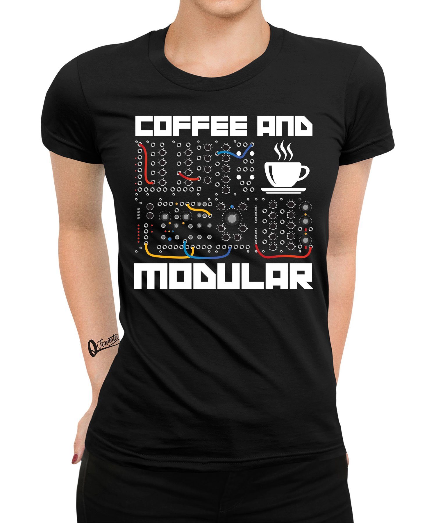 Quattro Formatee Kurzarmshirt Coffee and Modular - Elektronische Musiker Synthesizer Damen T-Shirt (1-tlg) | T-Shirts
