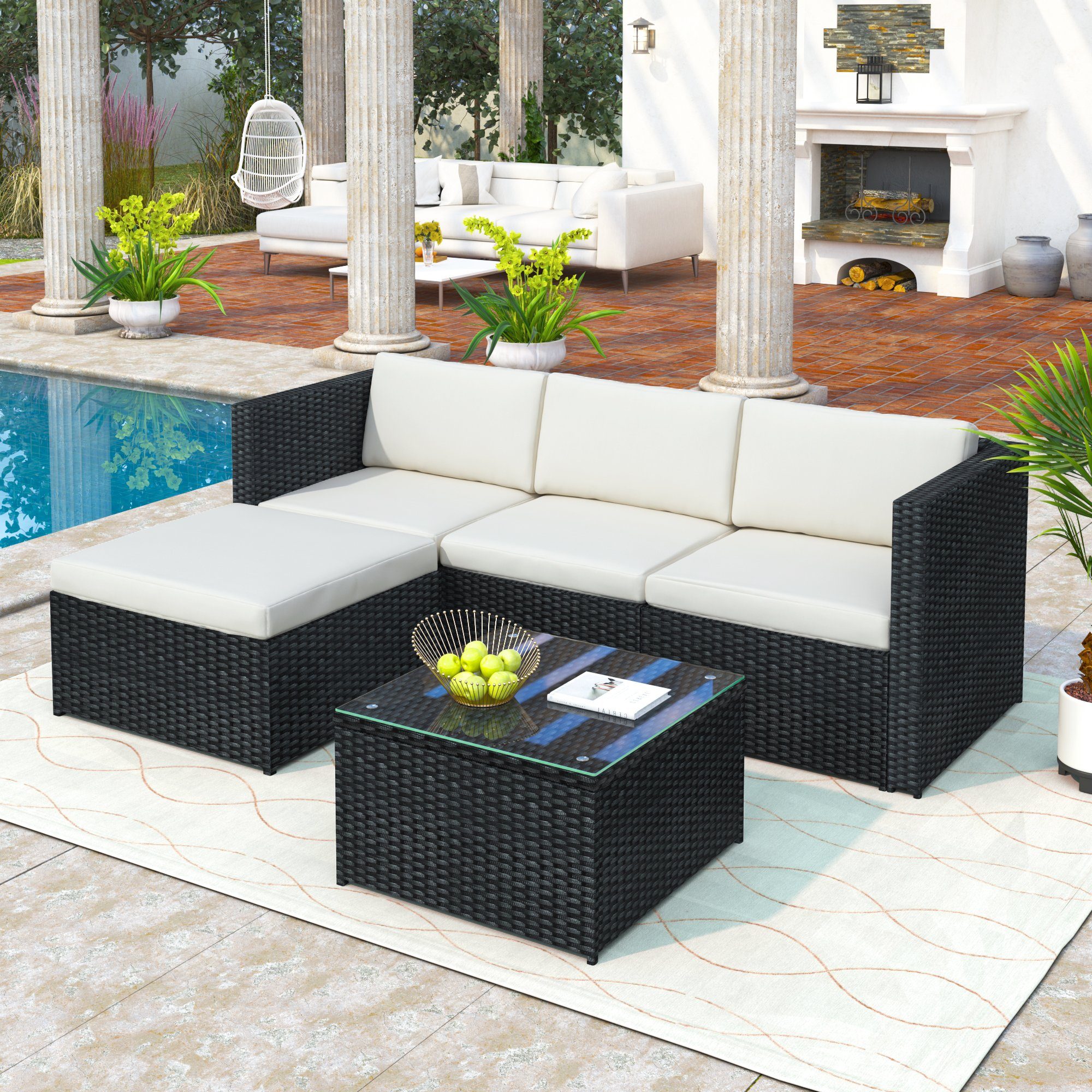 Merax Gartenlounge-Set 5-teilig Gartenmöbel Set aus Polyrattan für 4 Personen, (5-tlg), Sitzgruppe Balkonset mit Kissen, Couch-Set für Garten, Terrasse