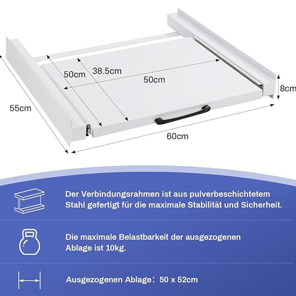 XERSEK Zwischenbaurahmen Metall Verbindungsrahmen mit Ausziehplatte Verdickte Zwischenbaurahmen (Universal Zubehör für Waschmaschine Trockner, Wäschekorb, Ausziehbarer Ablage Max.150kg), inkl. Zurrgurt, Weiß