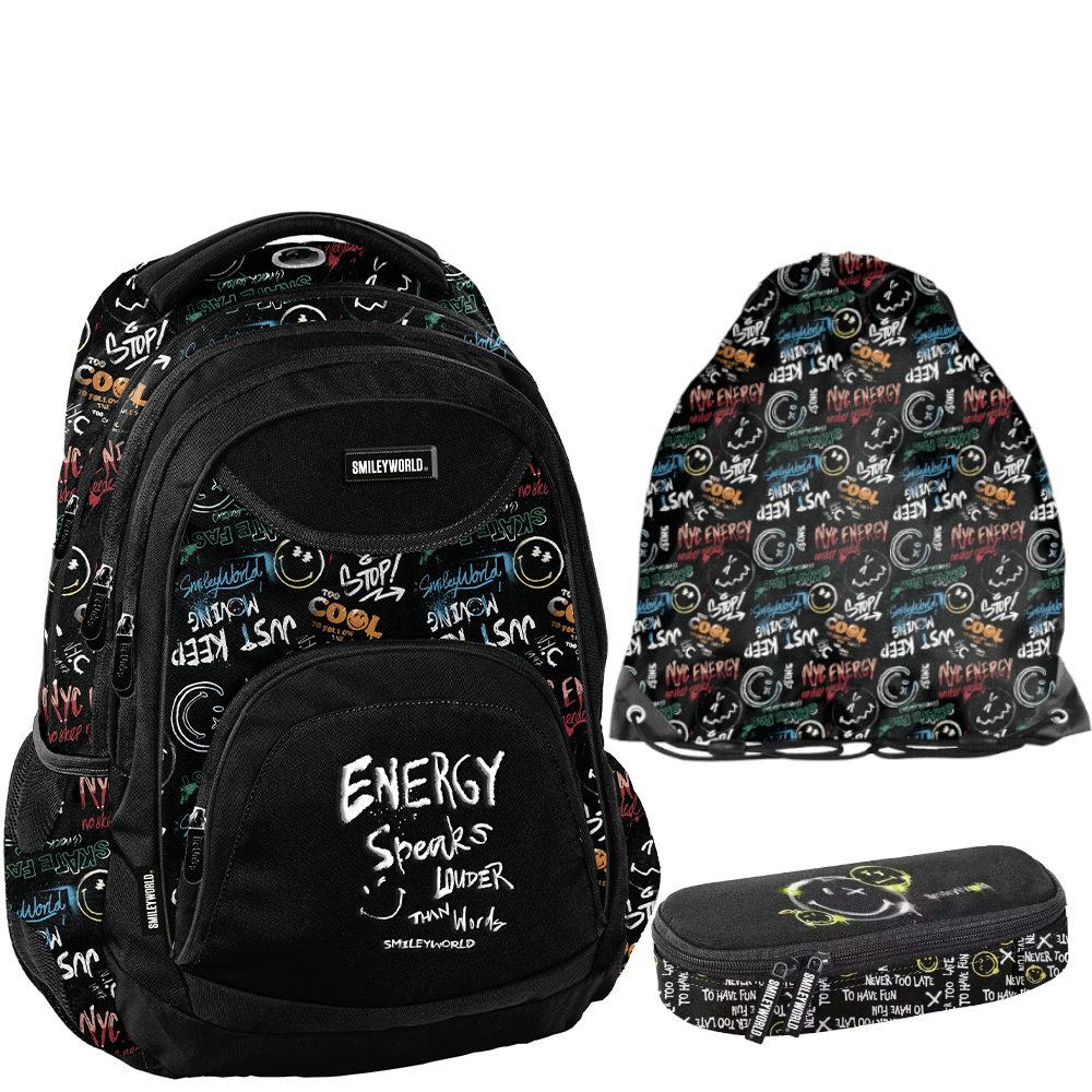 PASO Schulrucksack (Schulset, 3-tlg), Smiley Schulset 3-teilig – Schwarz