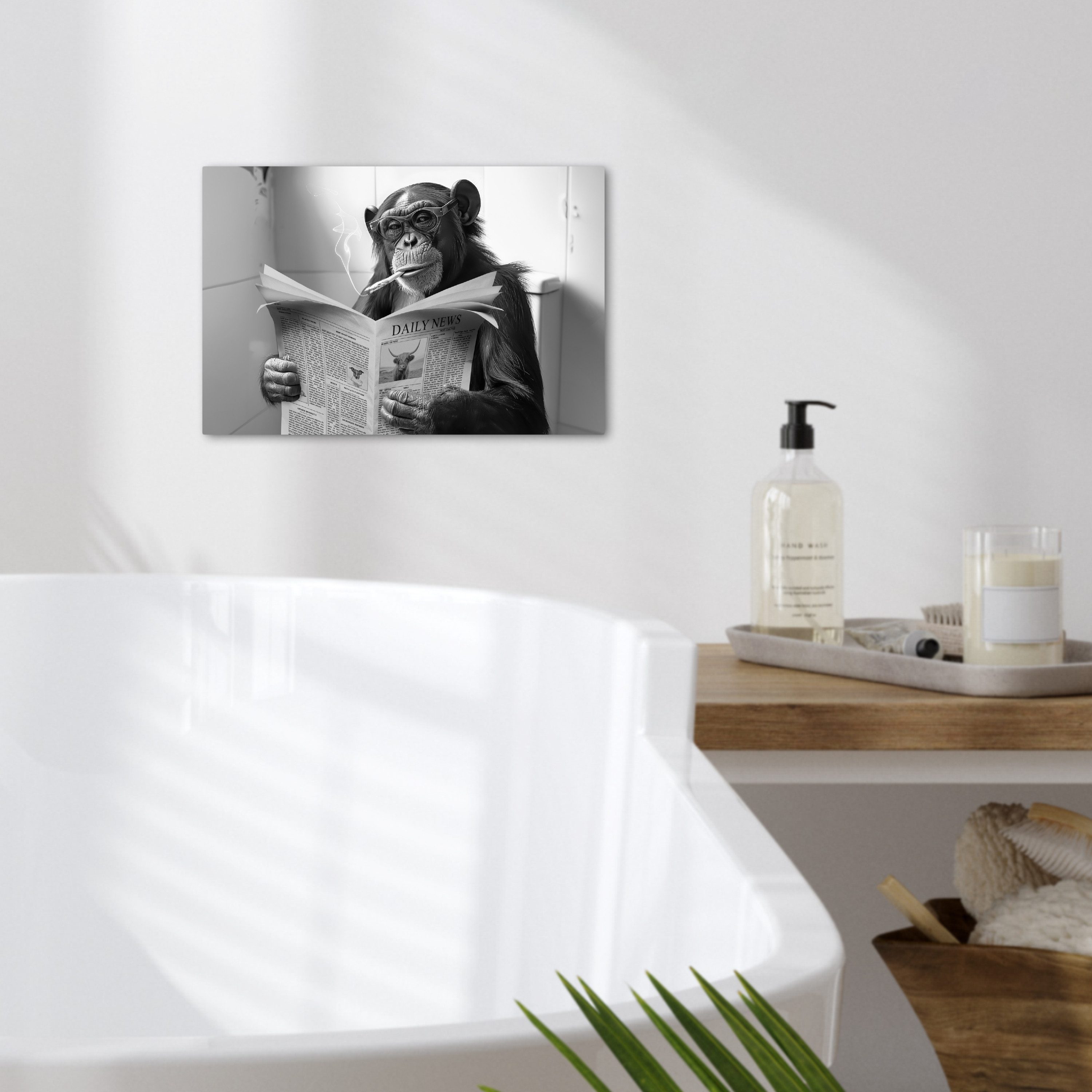 OneMillionCanvasses® Leinwandbild Schimpanse - Affe - Zeitung - Toilette - Humor, Fotodruck (1 St), Bilder für Badezimmer, Bad und Toiletten Deko, Bild WC 30x20 – Bild 2 von 5