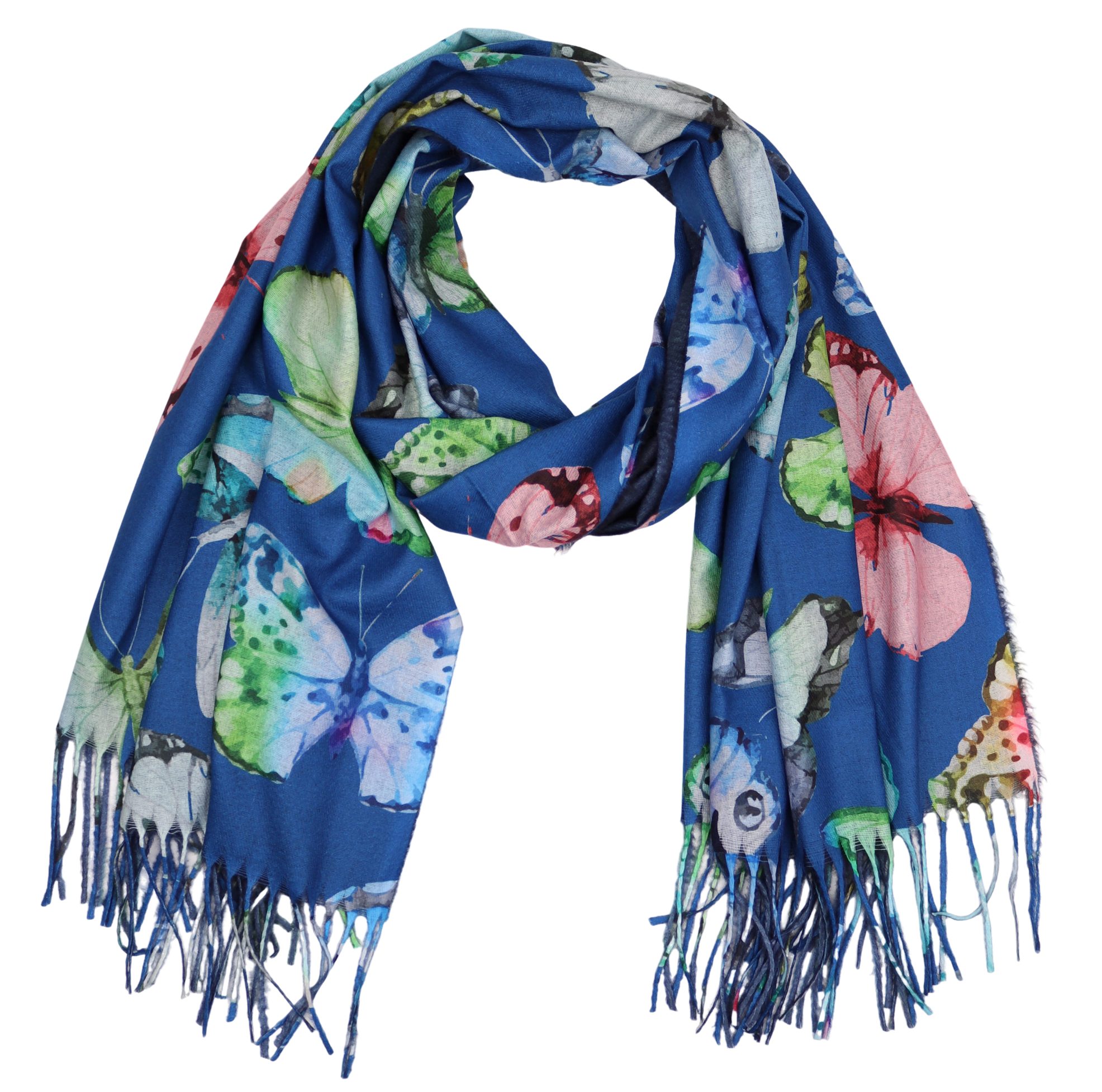 Modeschal weicher und warmer Schal Schmetteringe mit Fransen, 70x180cm