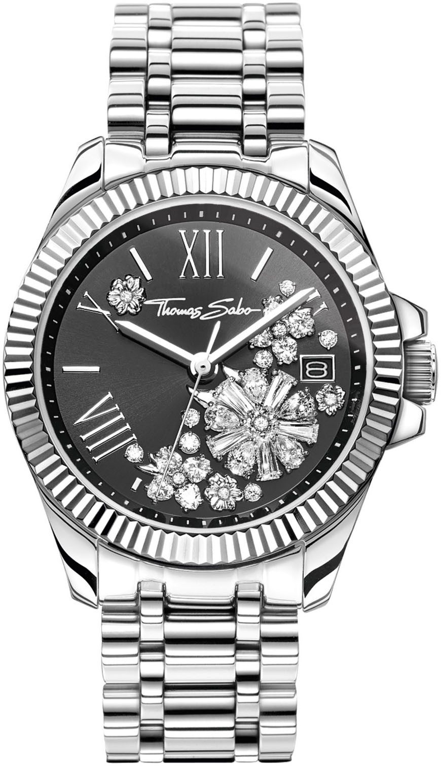 THOMAS SABO Quarzuhr DIVINE FLOWER WA0421-201-201-33MM, Armbanduhr, Damenuhr, Edelstahlarmband, Tag, Blumen, Zirkonia (synth)