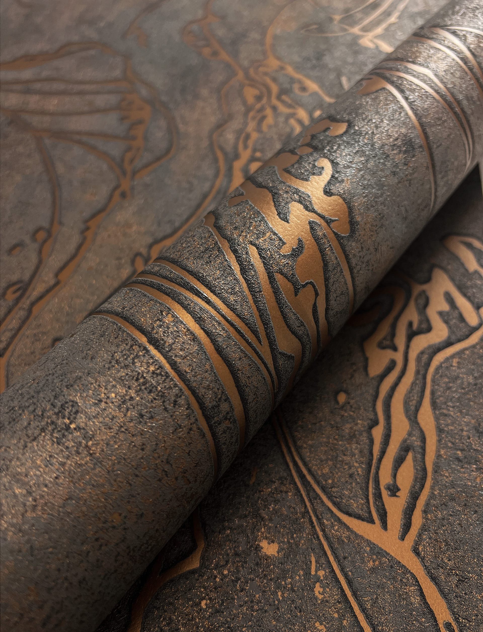 Newroom Vliestapete Fozia Black Copper Tapete Mustertapete Grafik,Linien,Leicht glänzend, Schwarz Tapete Modern Grafik - Glanztapete Abstrakt Kupfer Metallic Grafisch 3D Optik Linien Leicht glänzend für Wohnzimmer Schlafzimmer Küche, Glanztapete