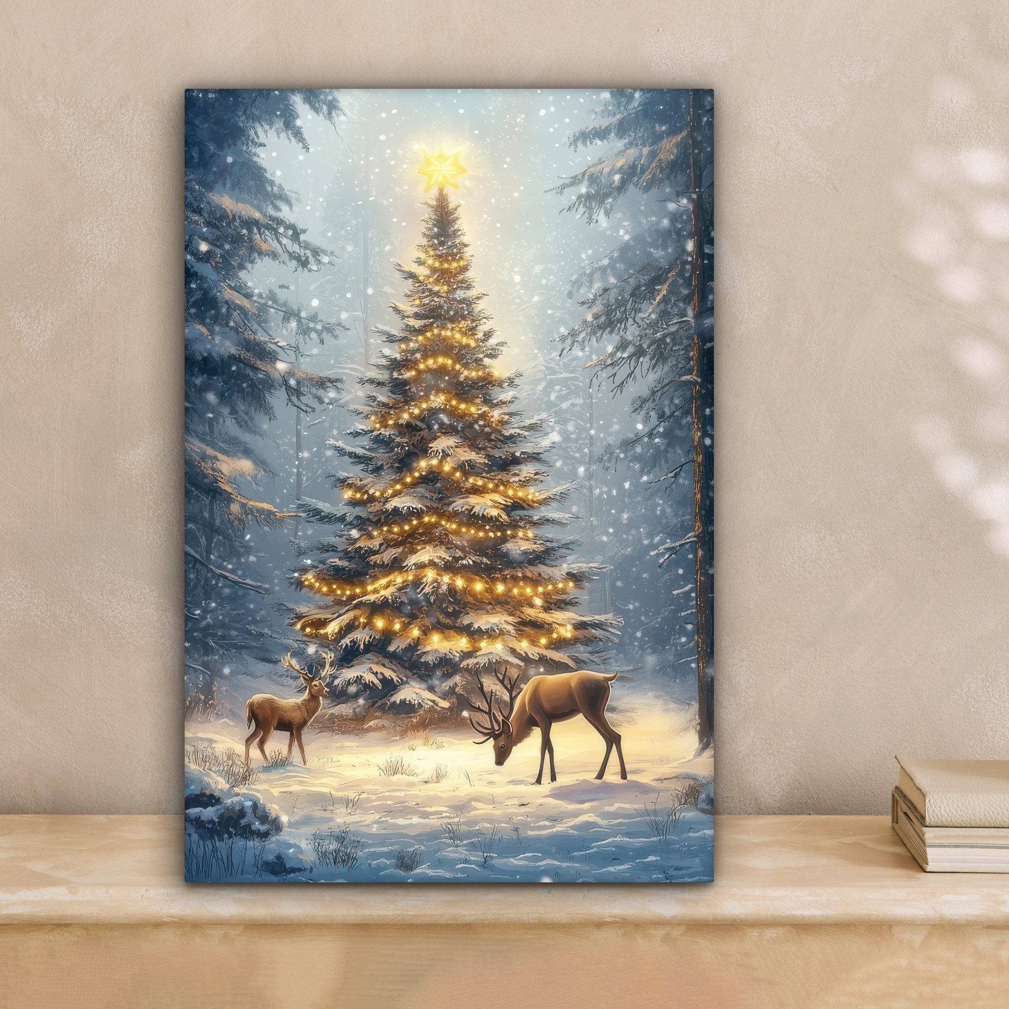 OneMillionCanvasses® Leinwandbild Weihnachtsbeleuchtung - Wald - Hirsche - günstig online kaufen