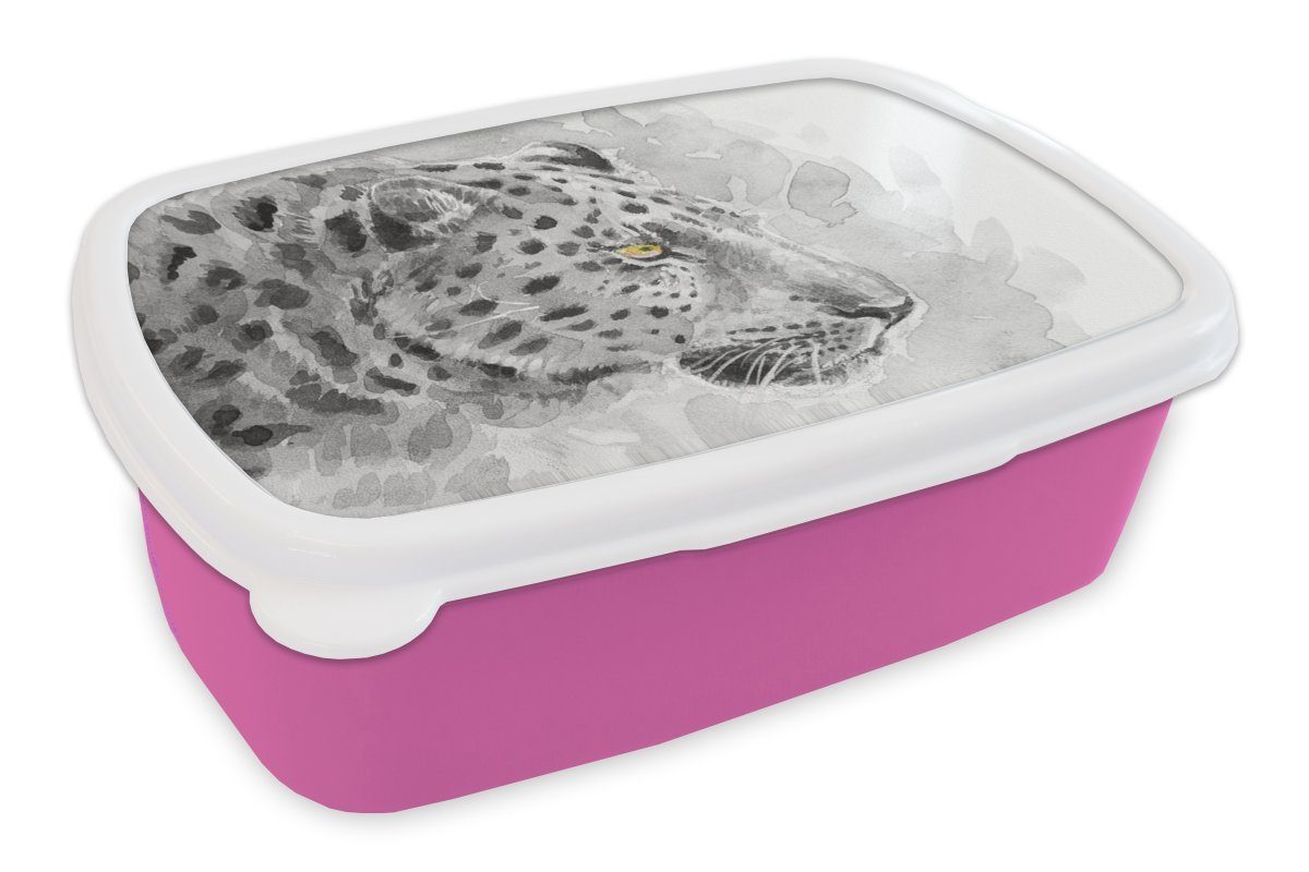 MuchoWow Lunchbox Leopard - Schwarz - Weiß - Profil, Kunststoff, (2-tlg), Brotbox für Erwachsene, Brotdose Kinder, Snackbox, Mädchen, Kunststoff rosa