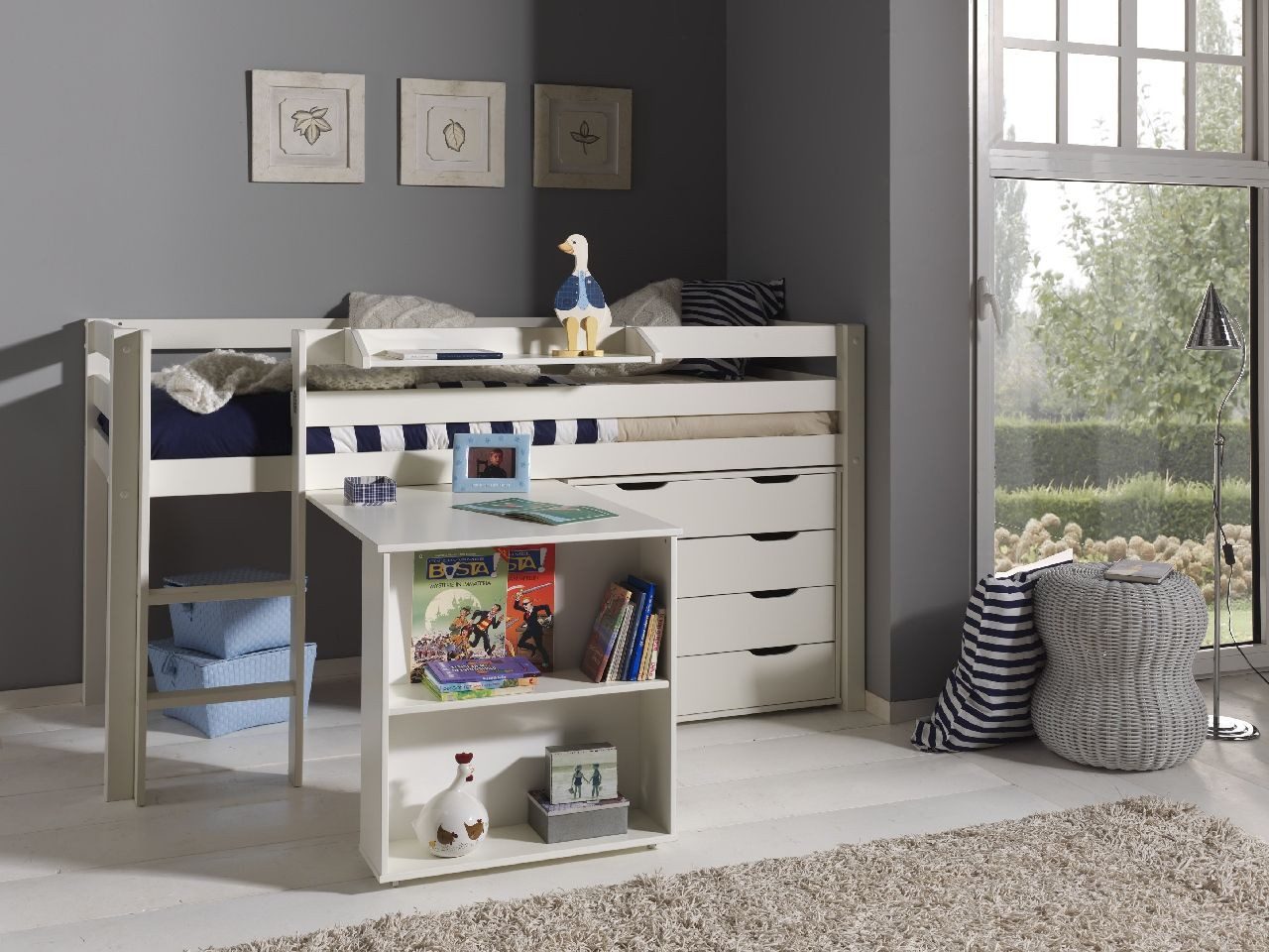 Natur24 Bett Spielbett mit Schreibtisch, Hängeregal und Schubladen-Kommode