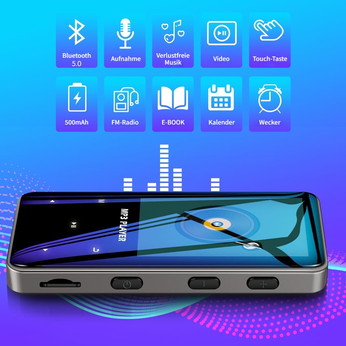 Tekoo MP3-Player Bluetooth 5.0 für Sport, 32GB HiFi Musik-Player mit Clip MP3-Player (32 GB, Bluetooth, HiFi-Lossless-Sound, DAC-Chip, abnehmbarer Clip, 2.5D Glas)