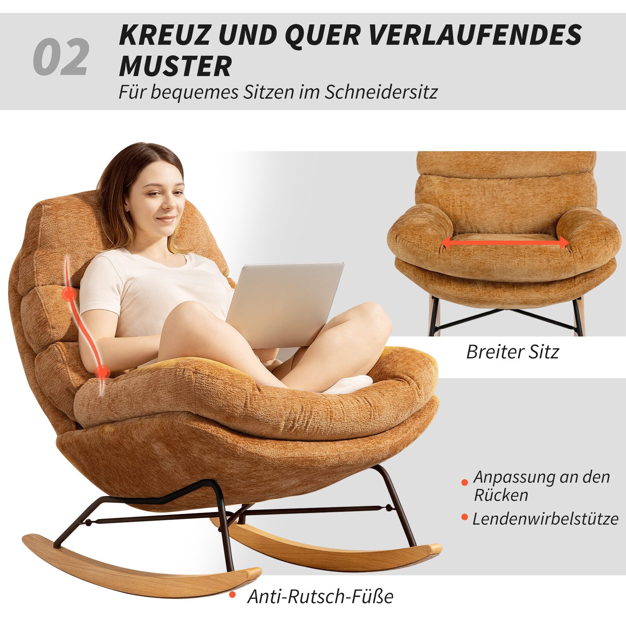 HOMCOM Schaukelstuhl Schaukelsessel mit Rückenlehne, gepolstert Relaxsessel Lesesessel (Schwingstuhl, 1 St), für Wohnzimmer, Schlafzimmer, Gelb – Bild 5 von 5